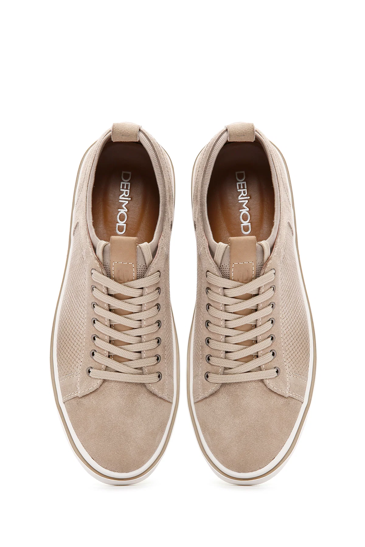 Erkek Bej Bağcıklı Süet Deri Sneaker - Image 7