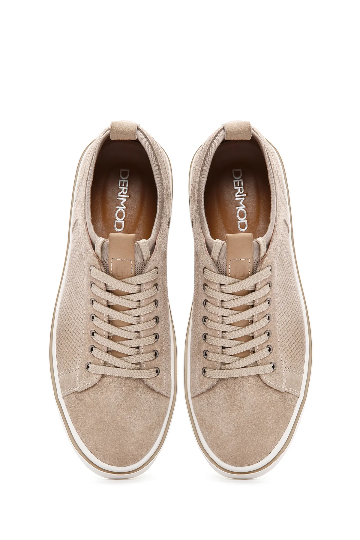 Erkek Bej Bağcıklı Süet Deri Sneaker - Image 4