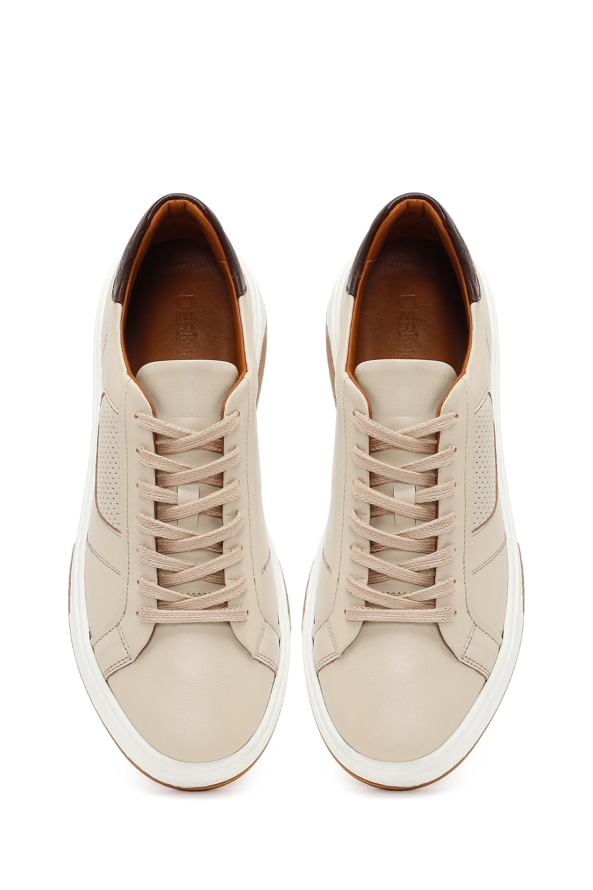 Erkek Bej Kalın Tabanlı Bağcıklı Deri Sneaker - Image 4