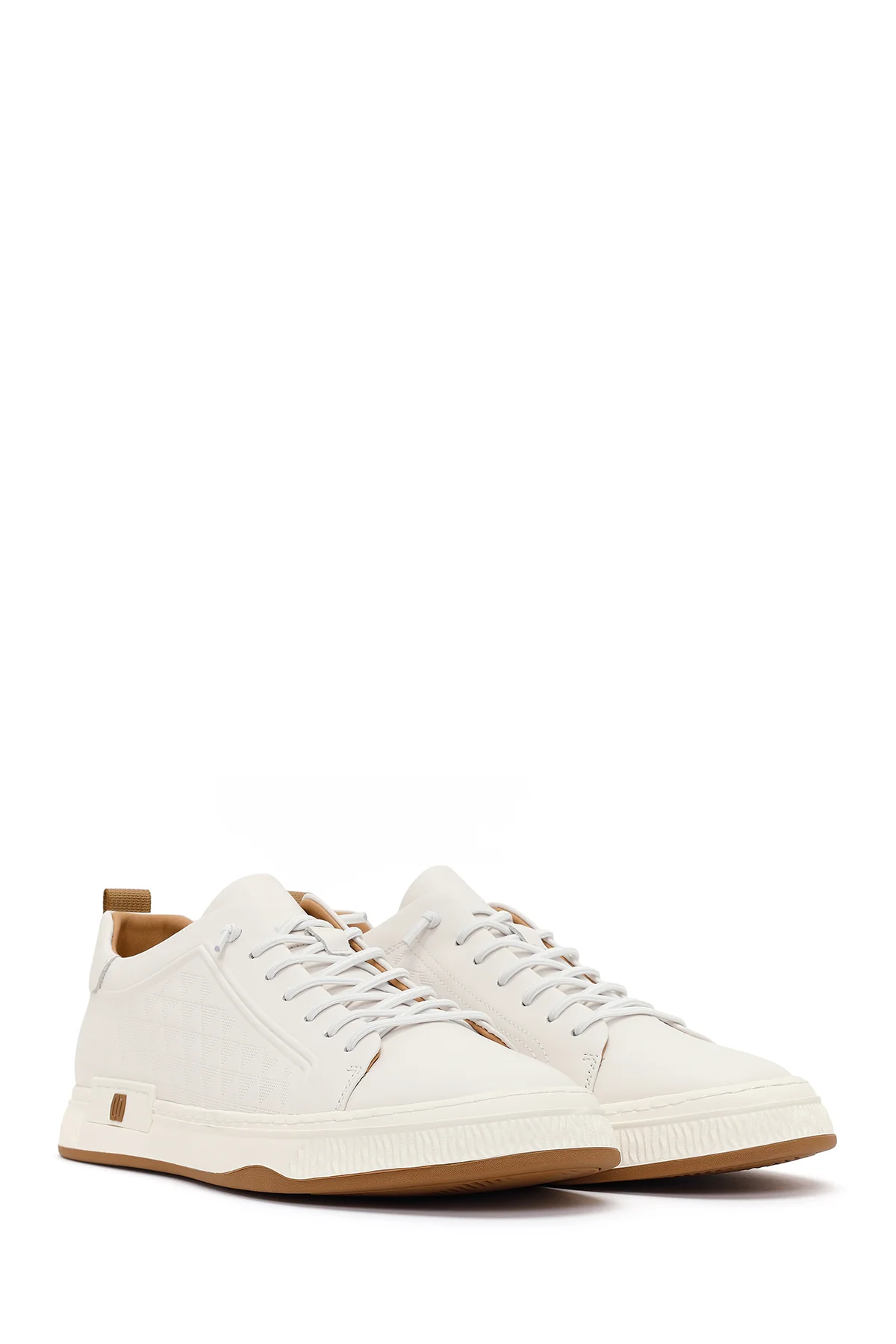 Erkek Beyaz Bağcıklı Baskılı Deri Sneaker - Image 2
