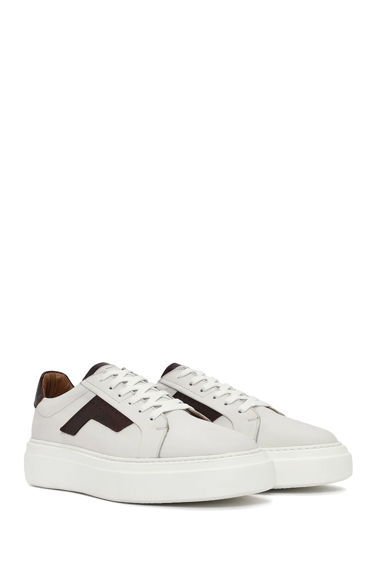 Erkek Beyaz Bağcıklı Kalın Tabanlı Deri Sneaker - Image 3
