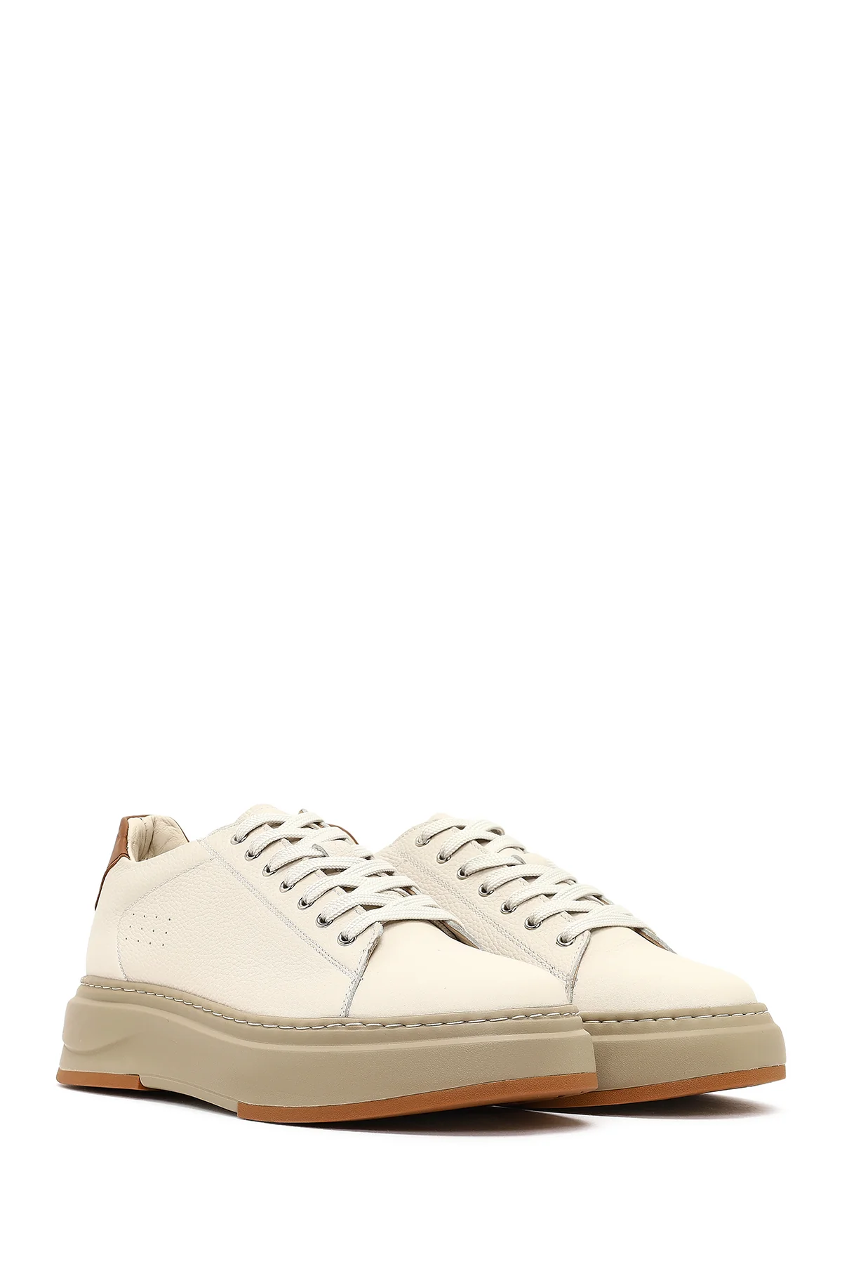 Erkek Beyaz Bağcıklı Kalın Tabanlı Deri Sneaker - Image 3
