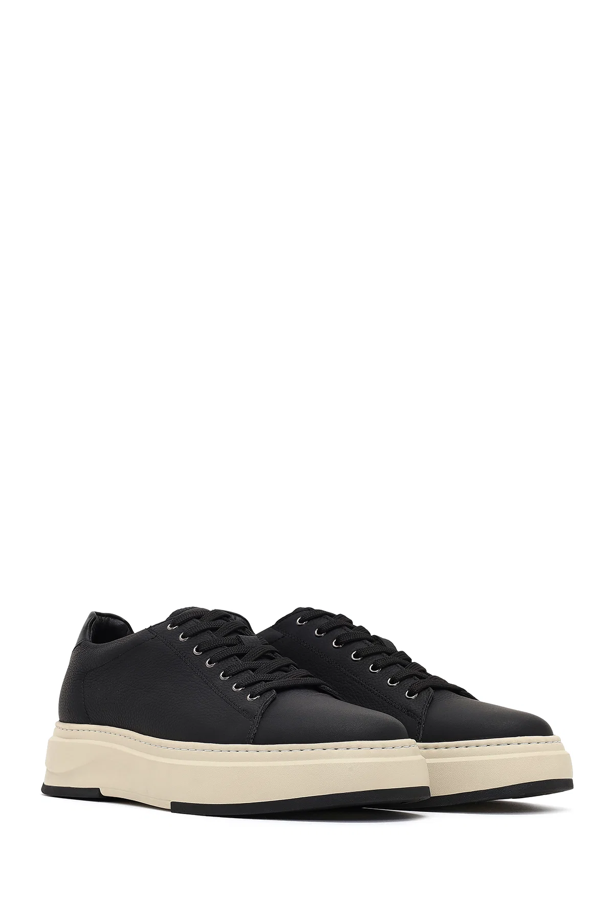 Erkek Siyah Bağcıklı Kalın Tabanlı Deri Sneaker - Image 3