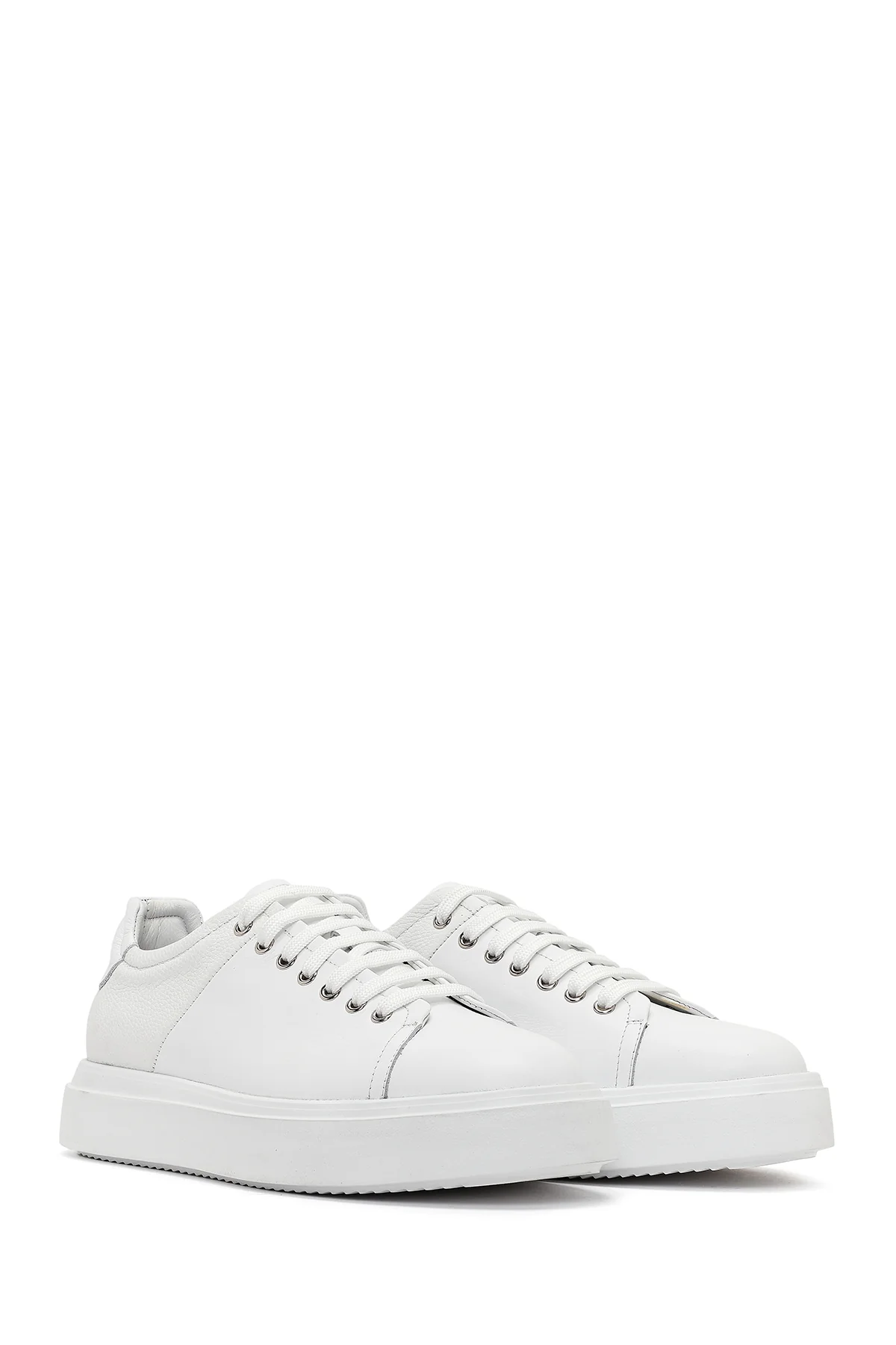 Erkek Beyaz Bağcıklı Kalın Tabanlı Deri Sneaker - Image 2