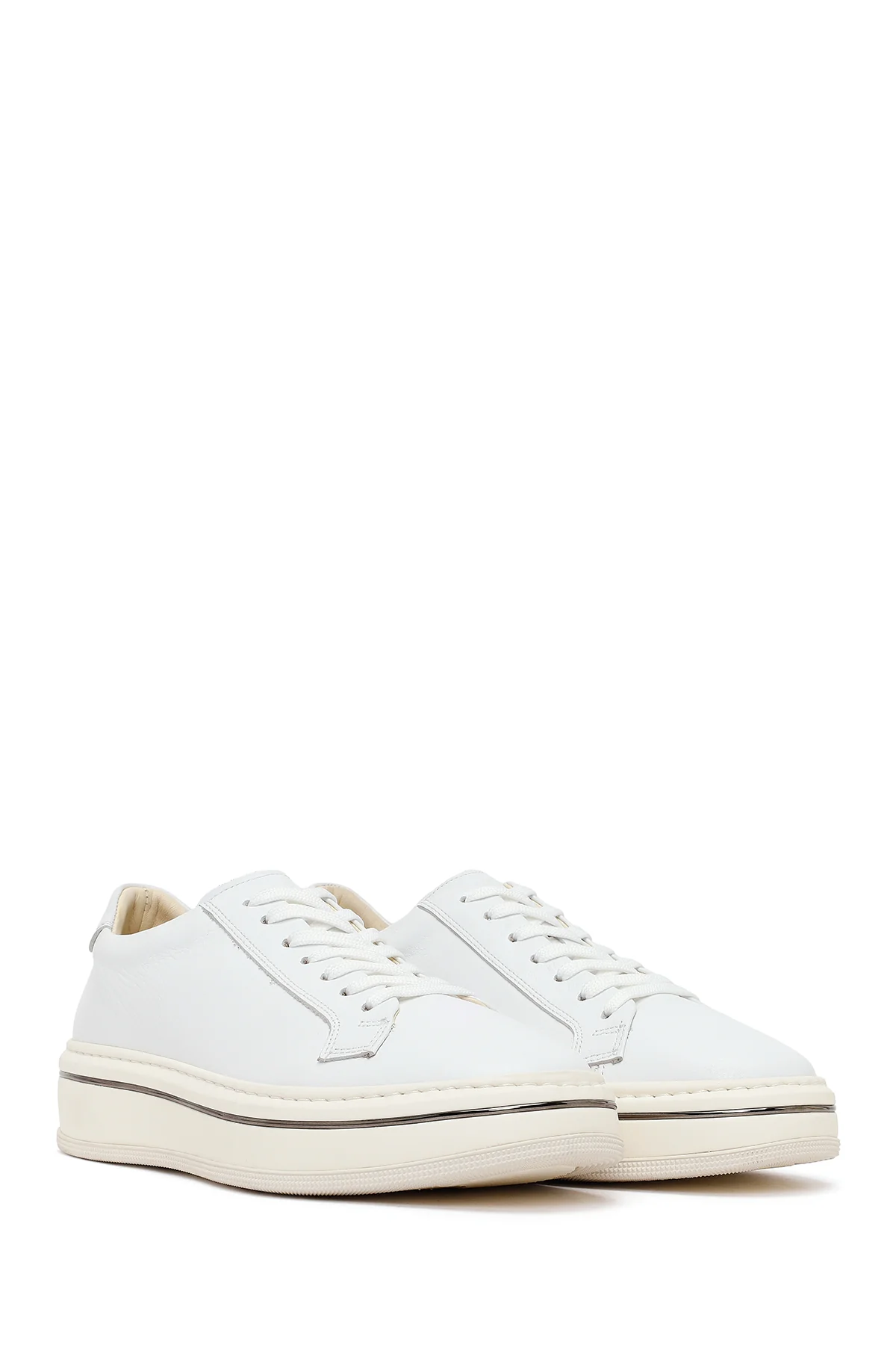 Erkek Beyaz Bağcıklı Kalın Tabanlı Deri Sneaker - Image 2