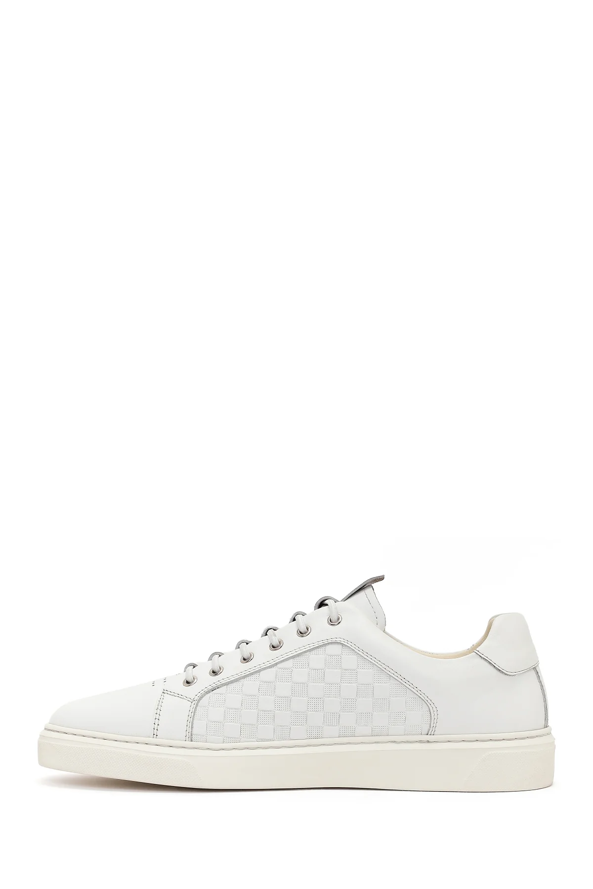 Erkek Beyaz Bağcıklı Kalın Tabanlı Desenli Deri Sneaker - Image 3