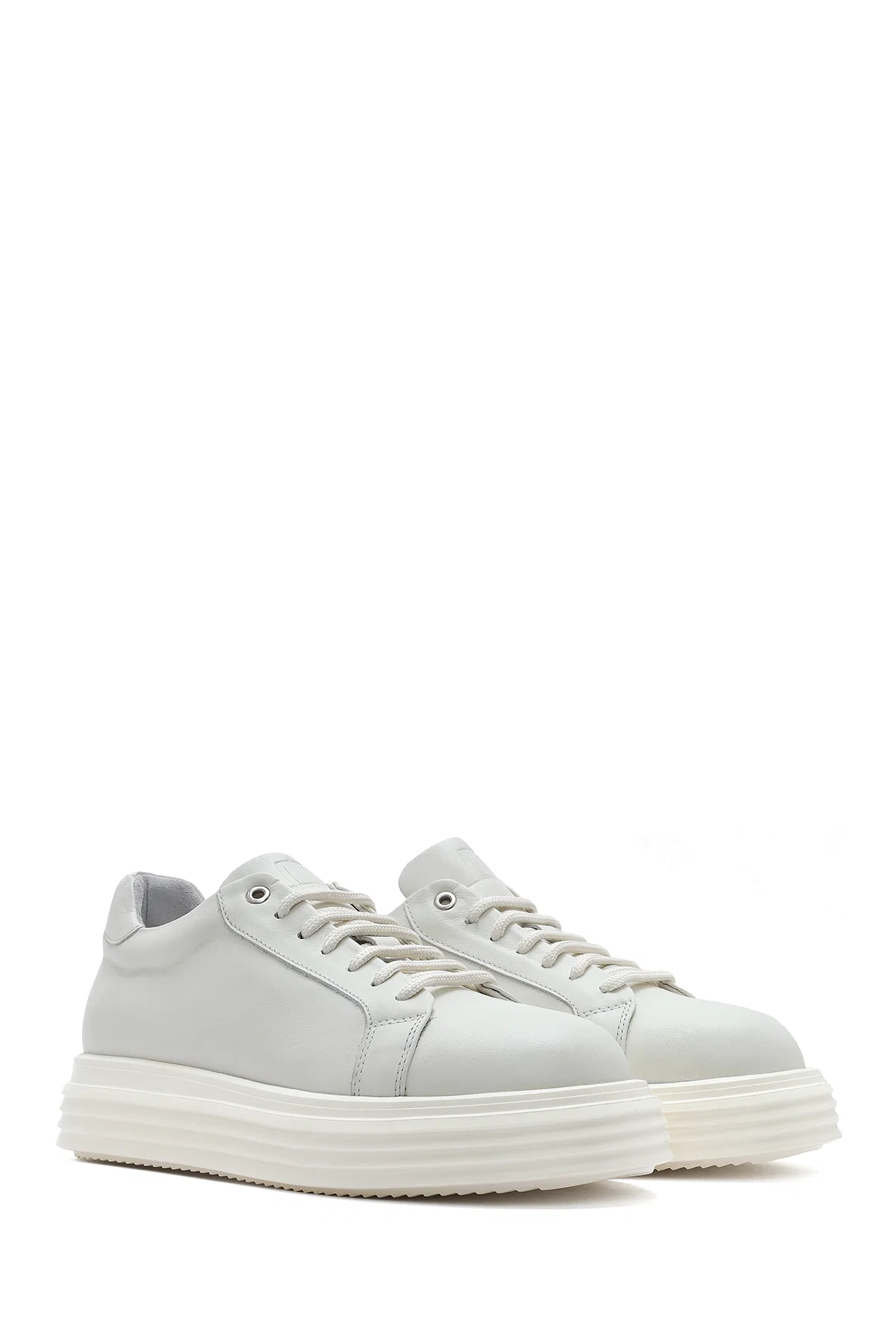 Erkek Beyaz Kalın Tabanlı Bağcıklı Deri Sneaker - Image 3