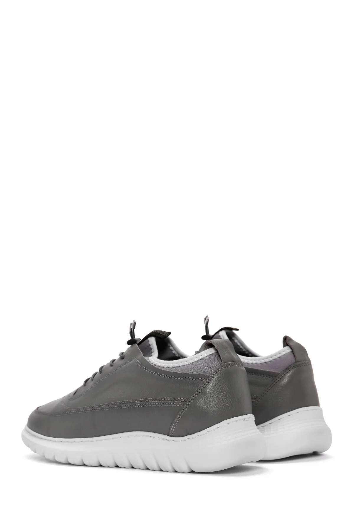Erkek Gri Bağcıklı Deri Casual Sneaker - Image 5