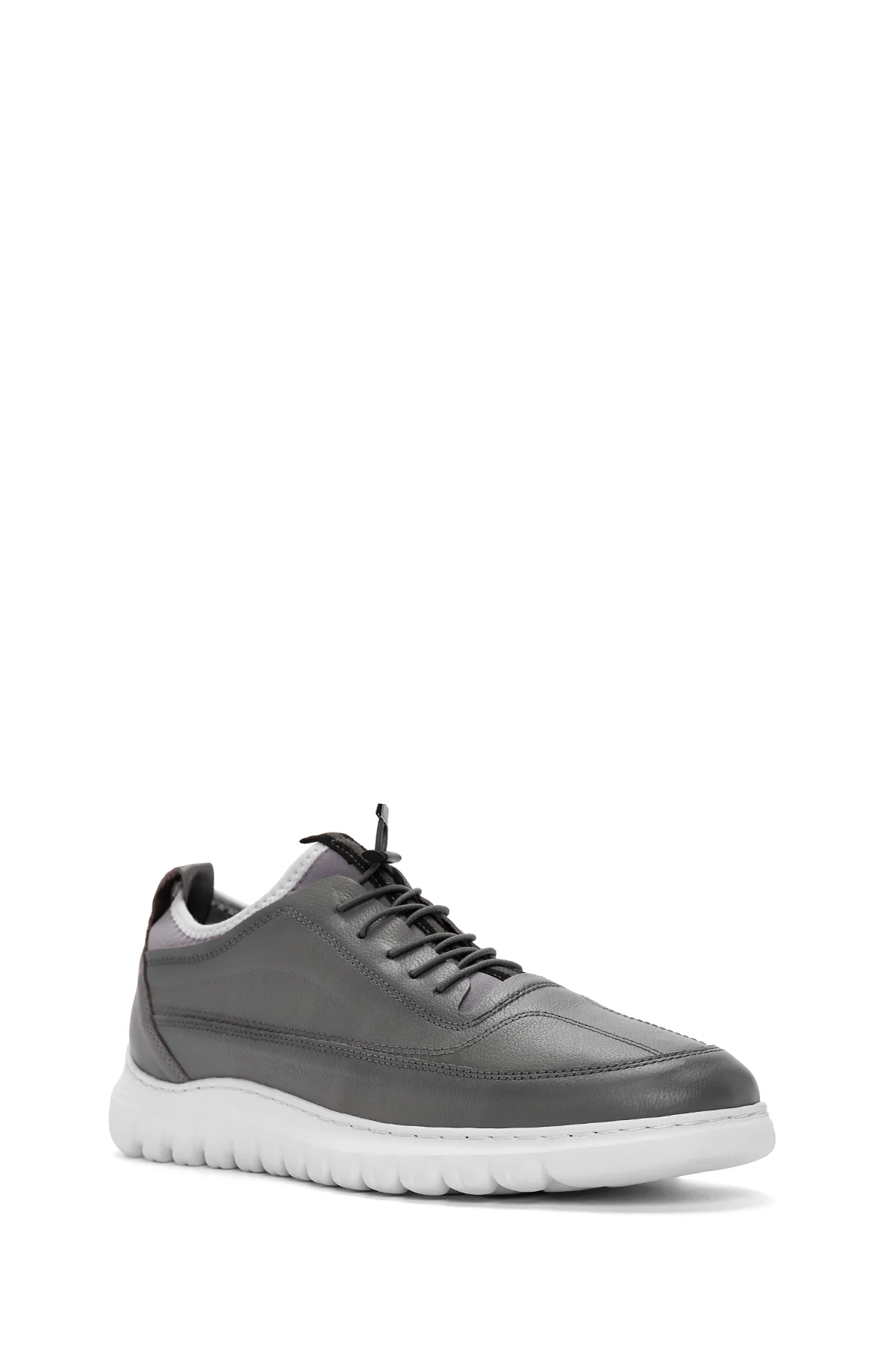 Erkek Gri Bağcıklı Deri Casual Sneaker - Image 6
