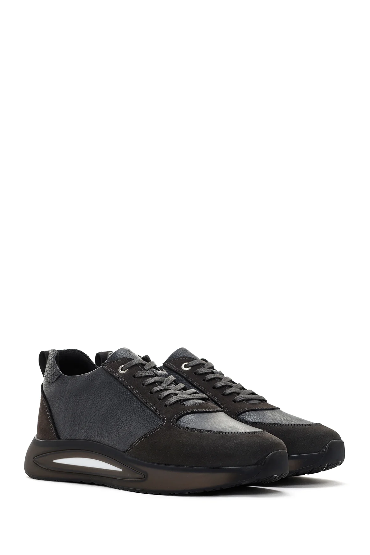 Erkek Gri Bağcıklı Kalın Tabanlı Deri Casual Sneaker - Image 3