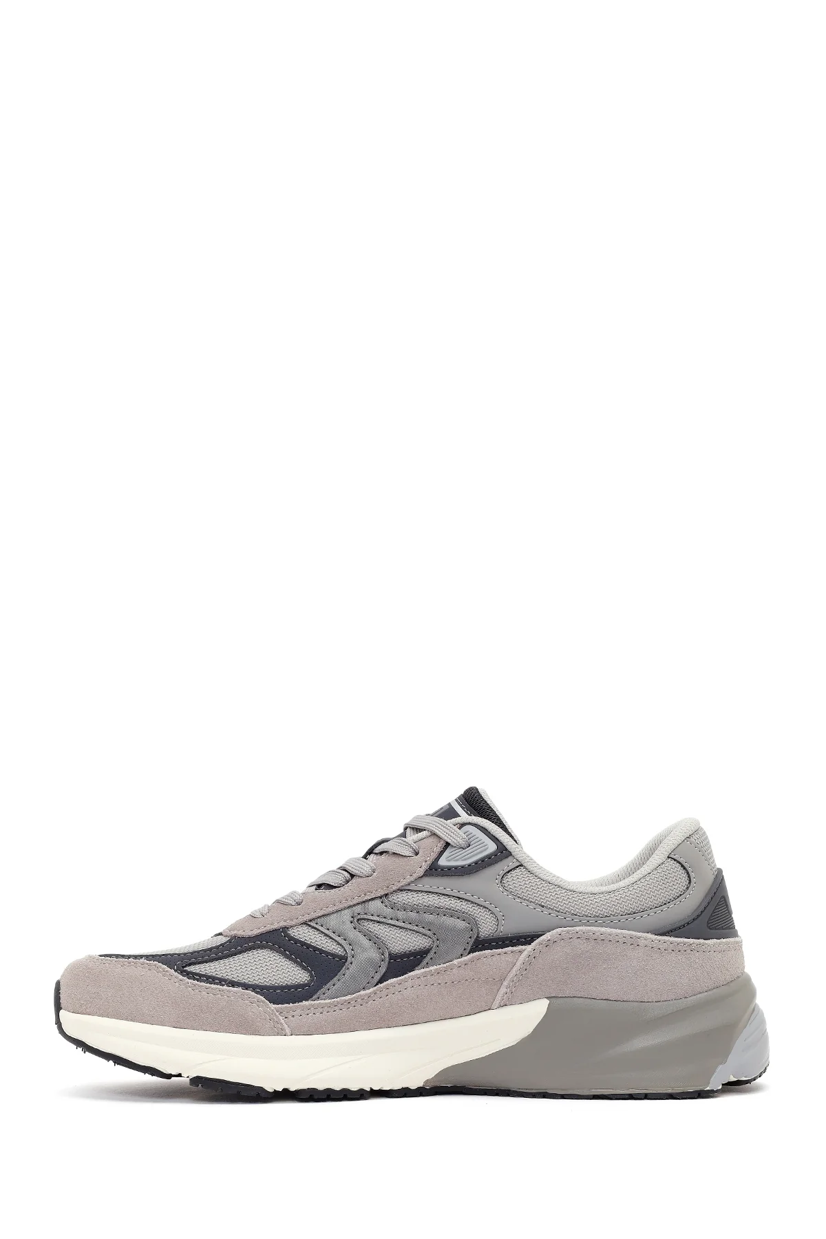 Erkek Gri Kalın Tabanlı Bağcıklı Deri Sneaker - Image 4