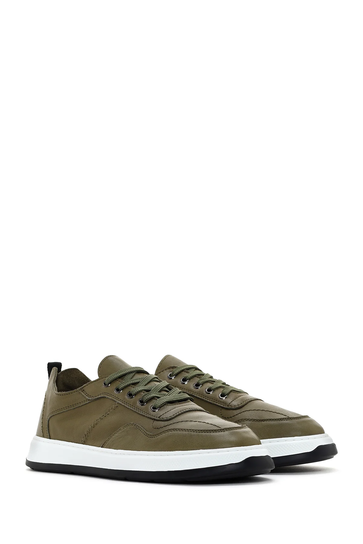 Erkek Haki Bağcıklı Deri Sneaker - Image 4