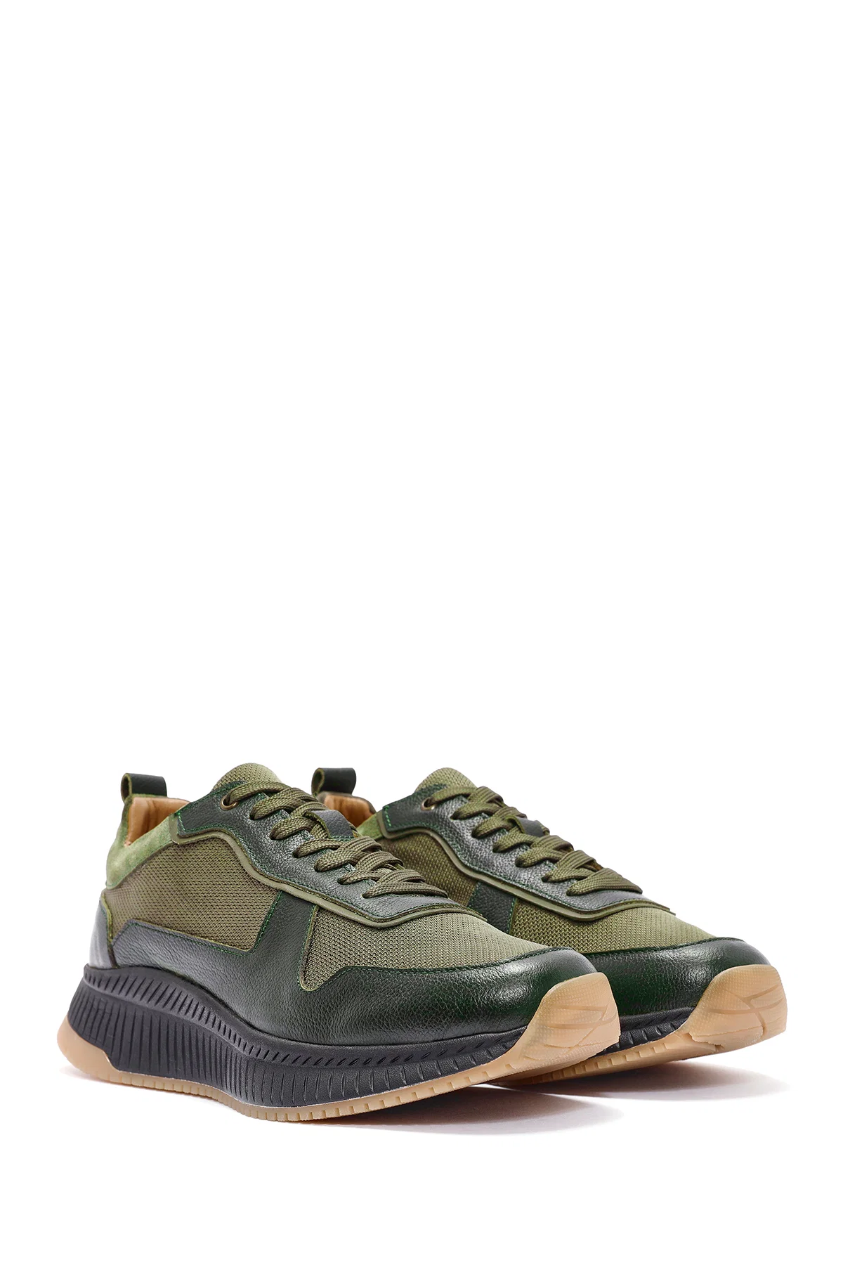 Erkek Haki Bağcıklı Deri Sneaker - Image 3