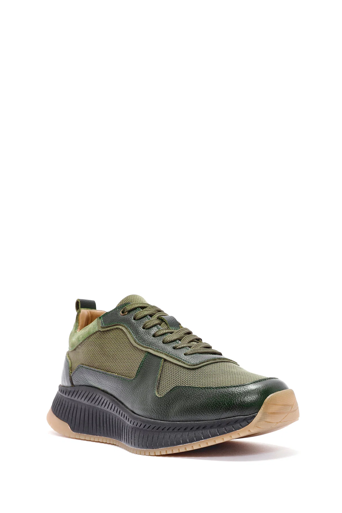 Erkek Haki Bağcıklı Deri Sneaker - Image 6