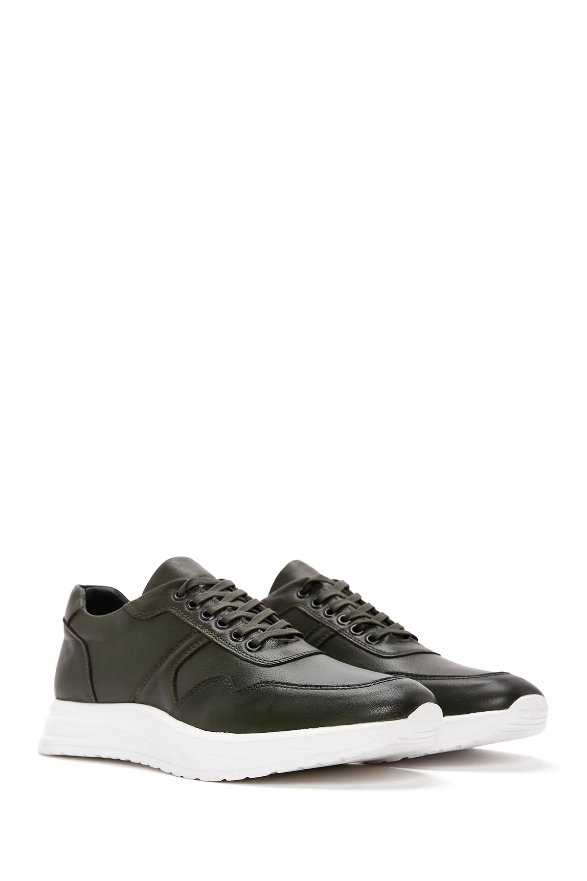 Erkek Haki Bağcıklı Kalın Tabanlı Deri Sneaker - Image 3