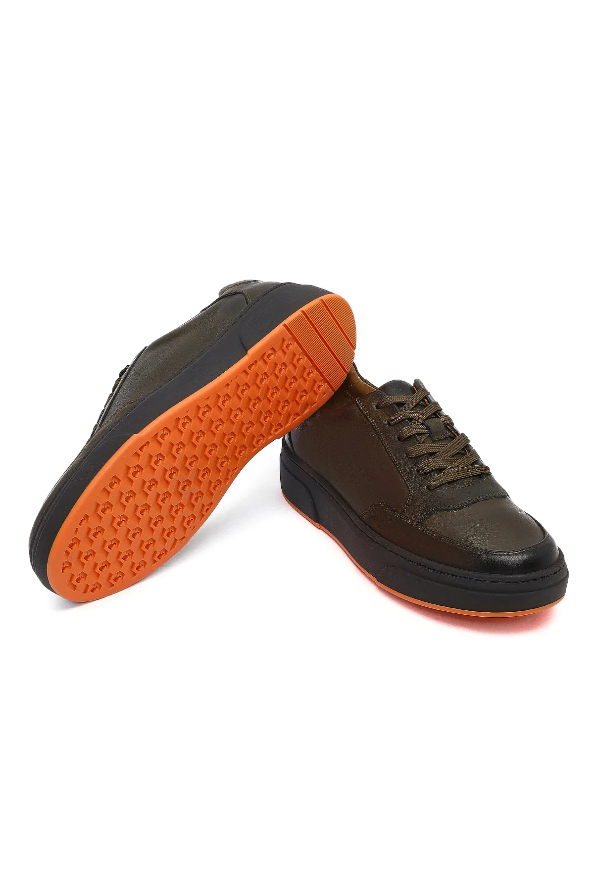 Erkek Haki Bağcıklı Kalın Tabanlı Deri Sneaker - Image 10