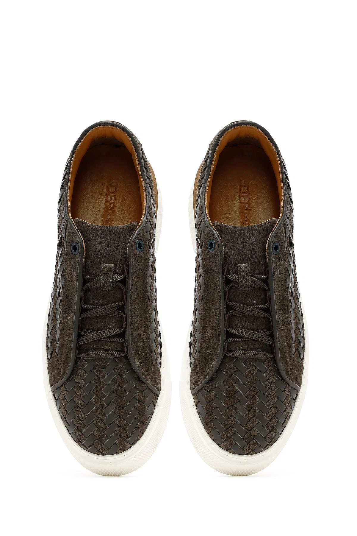 Erkek Haki Bağcıklı Örgülü Kalın Tabanlı Deri Sneaker - Image 7