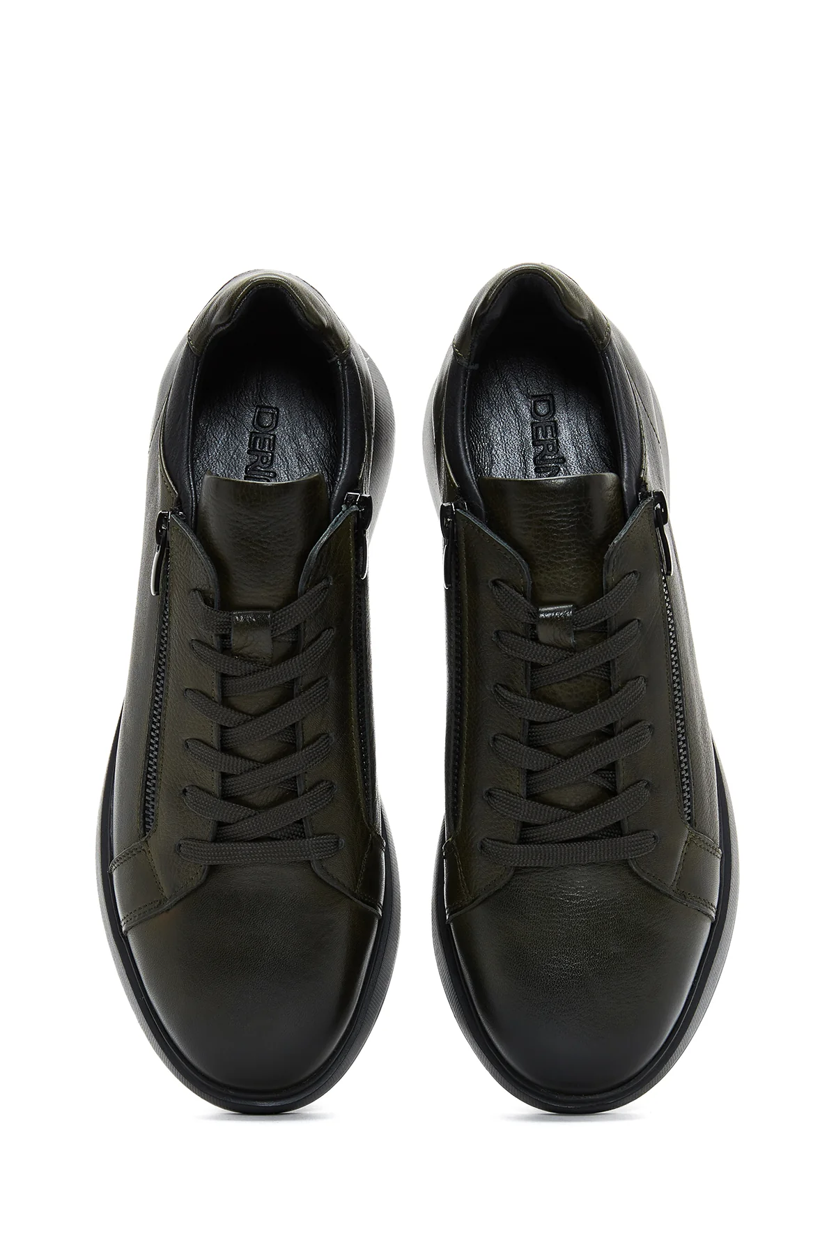 Erkek Haki Deri Fermuar Detaylı Kalın Tabanlı Sneaker - Image 6