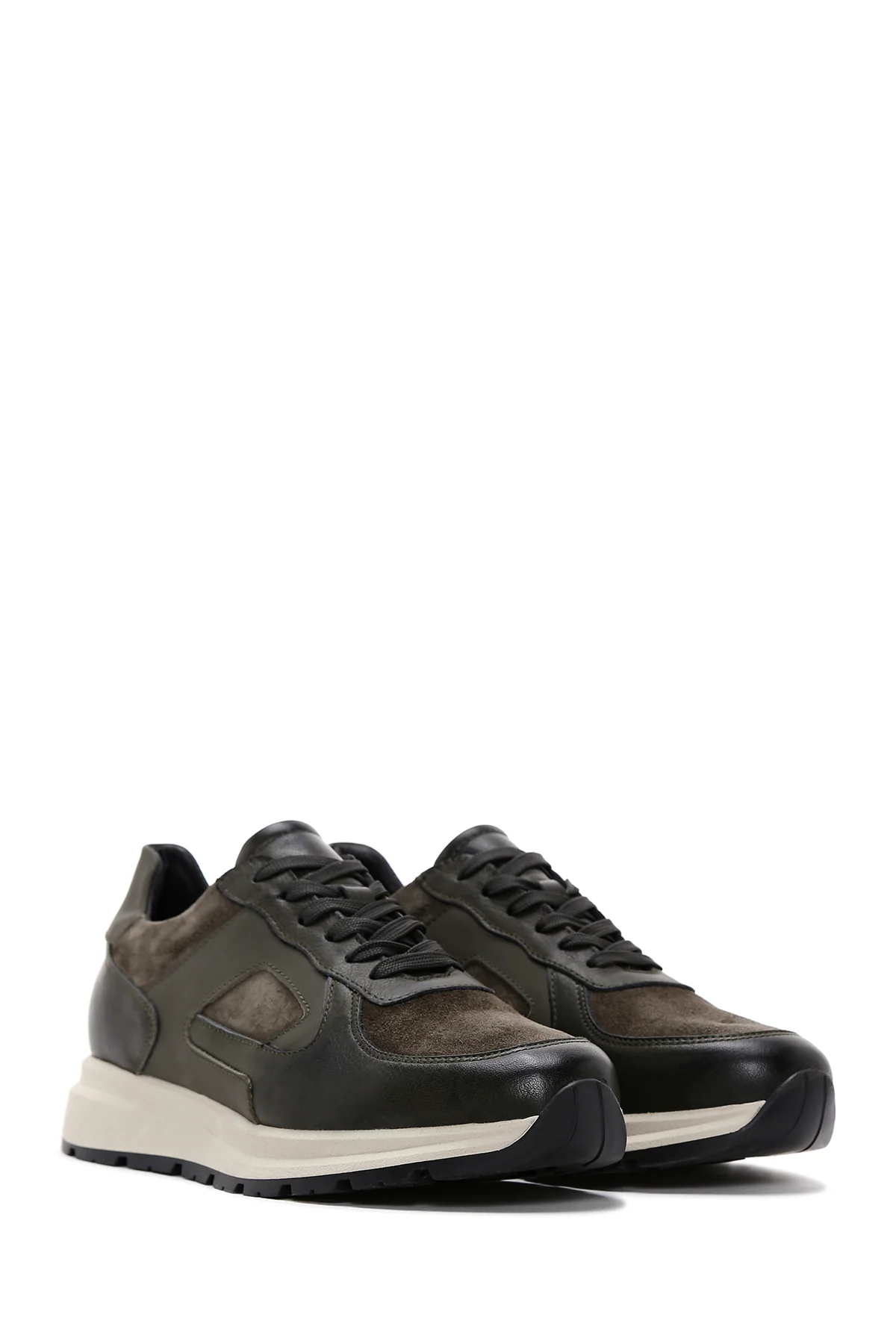 Erkek Haki Deri Süet Detaylı Kalın Tabanlı Sneaker - Image 3