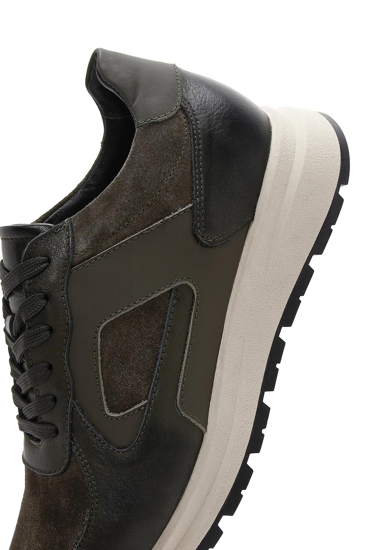 Erkek Haki Deri Süet Detaylı Kalın Tabanlı Sneaker - Image 7