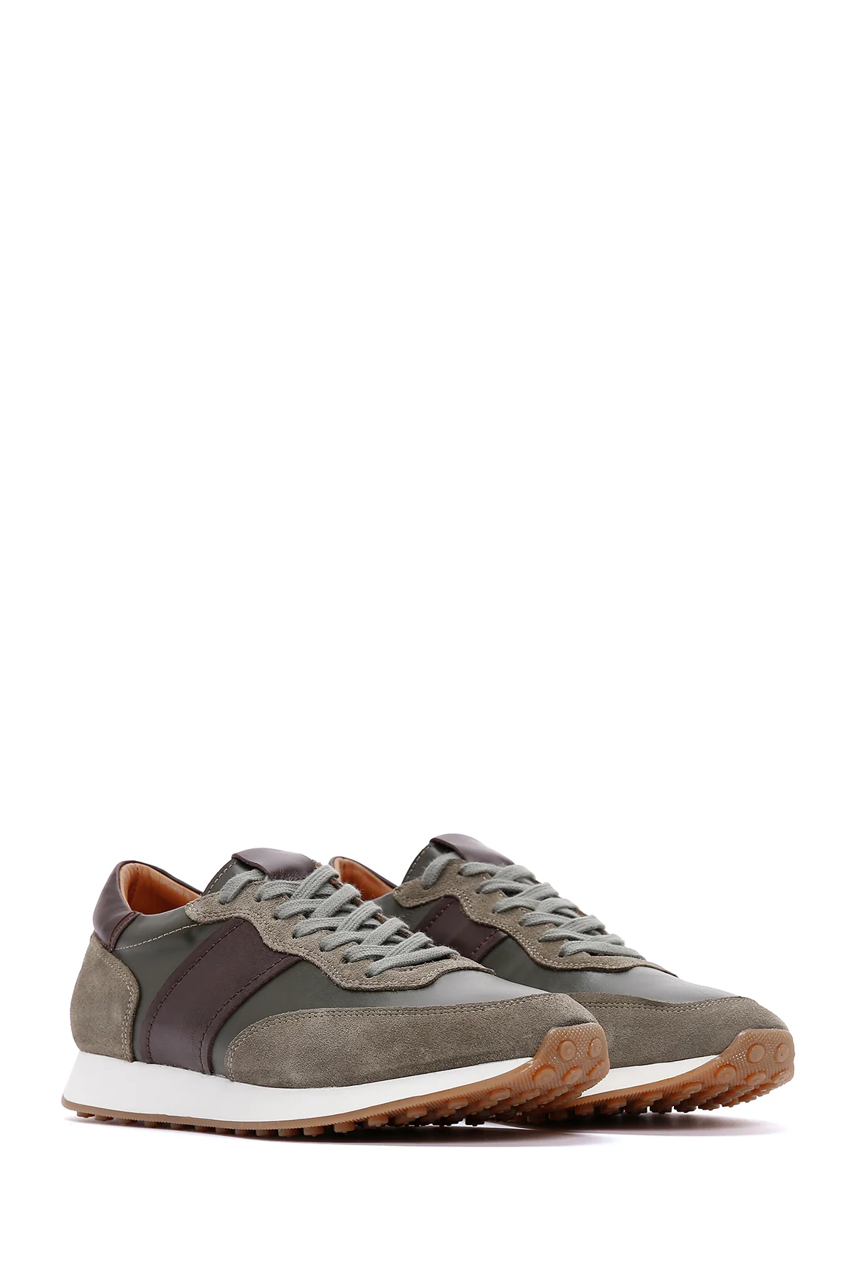 Erkek Haki Deri Süet Detaylı Sneaker - Image 3