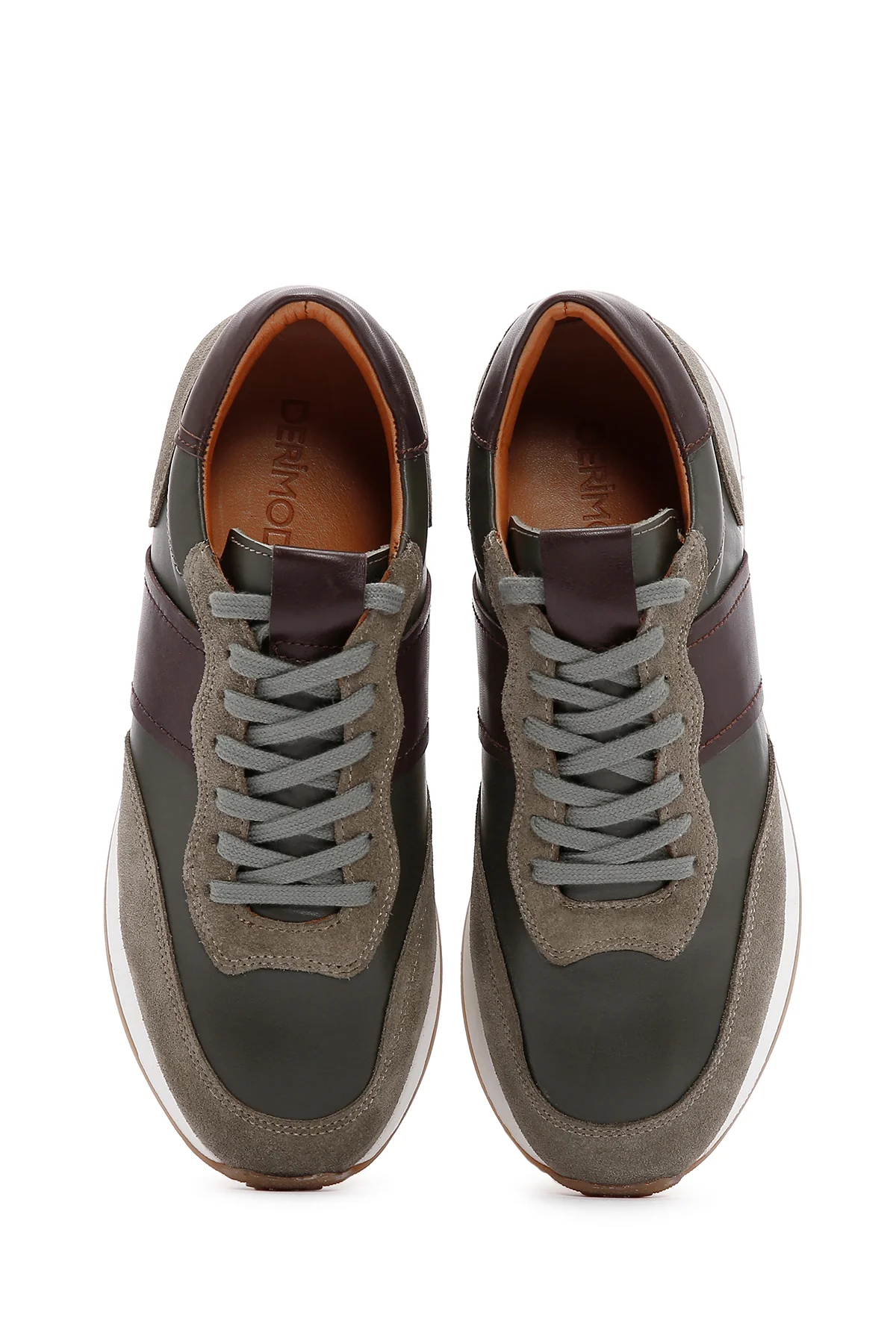 Erkek Haki Deri Süet Detaylı Sneaker - Image 6