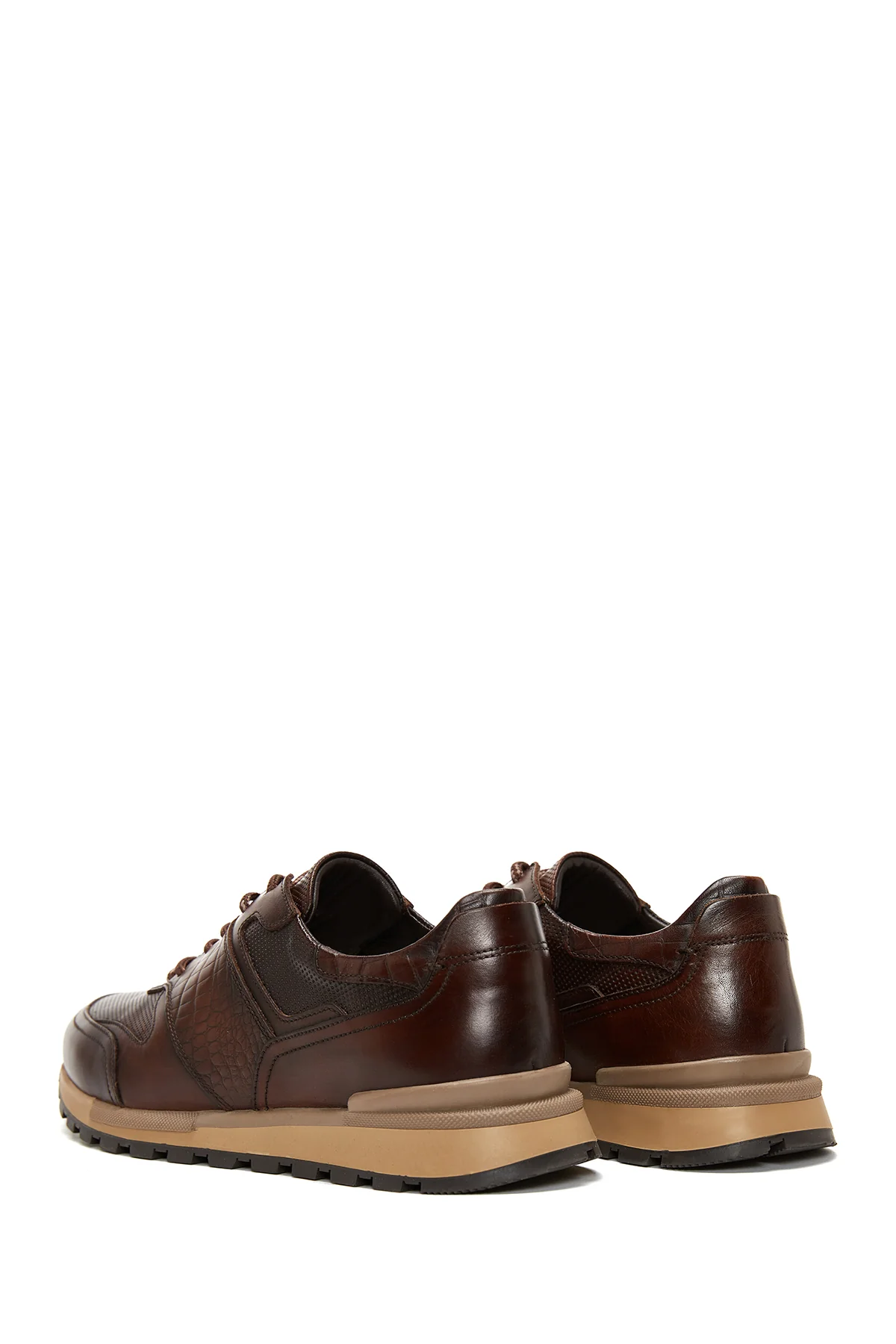 Erkek Kahverengi Bağcıklı Deri Casual Sneaker - Image 5