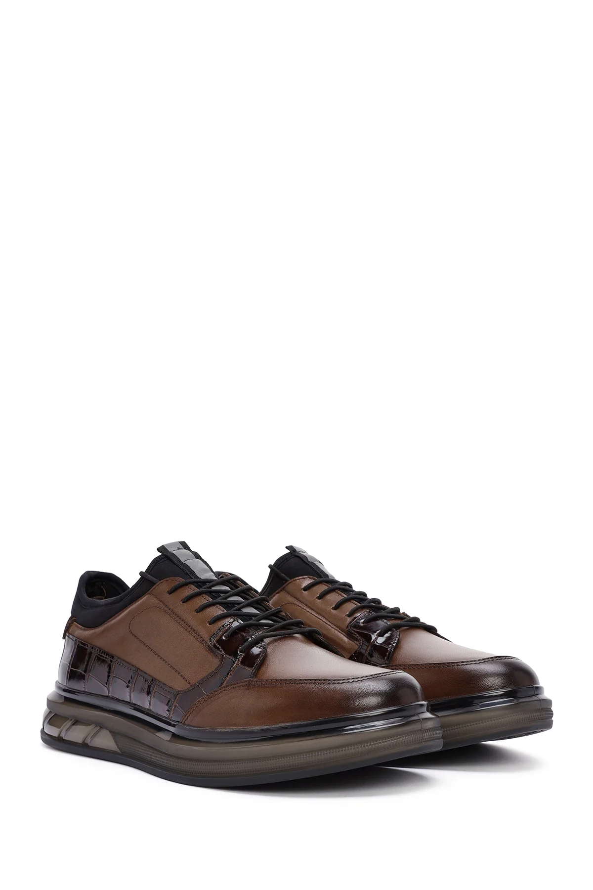 Erkek Kahverengi Bağcıklı Deri Casual Sneaker - Image 3