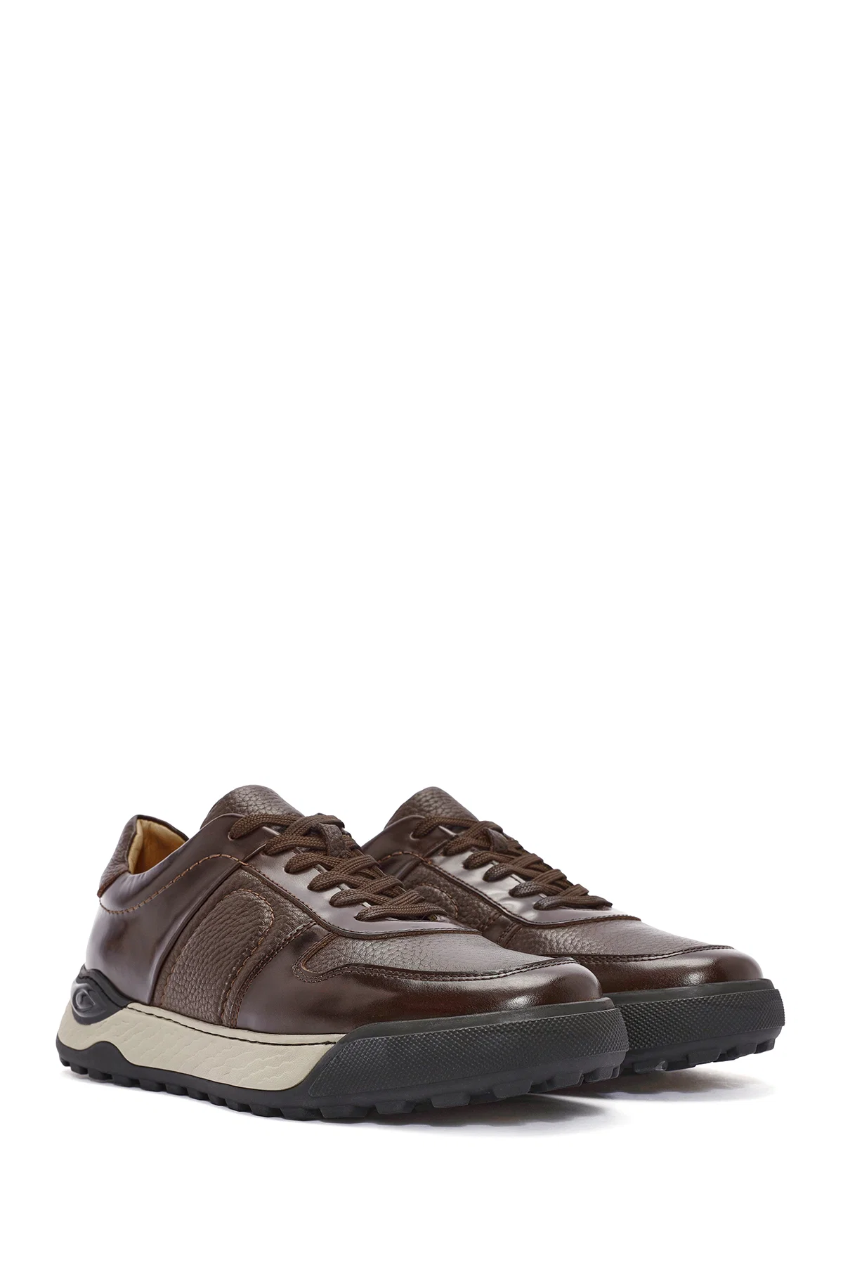 Erkek Kahverengi Bağcıklı Deri Casual Sneaker - Image 3