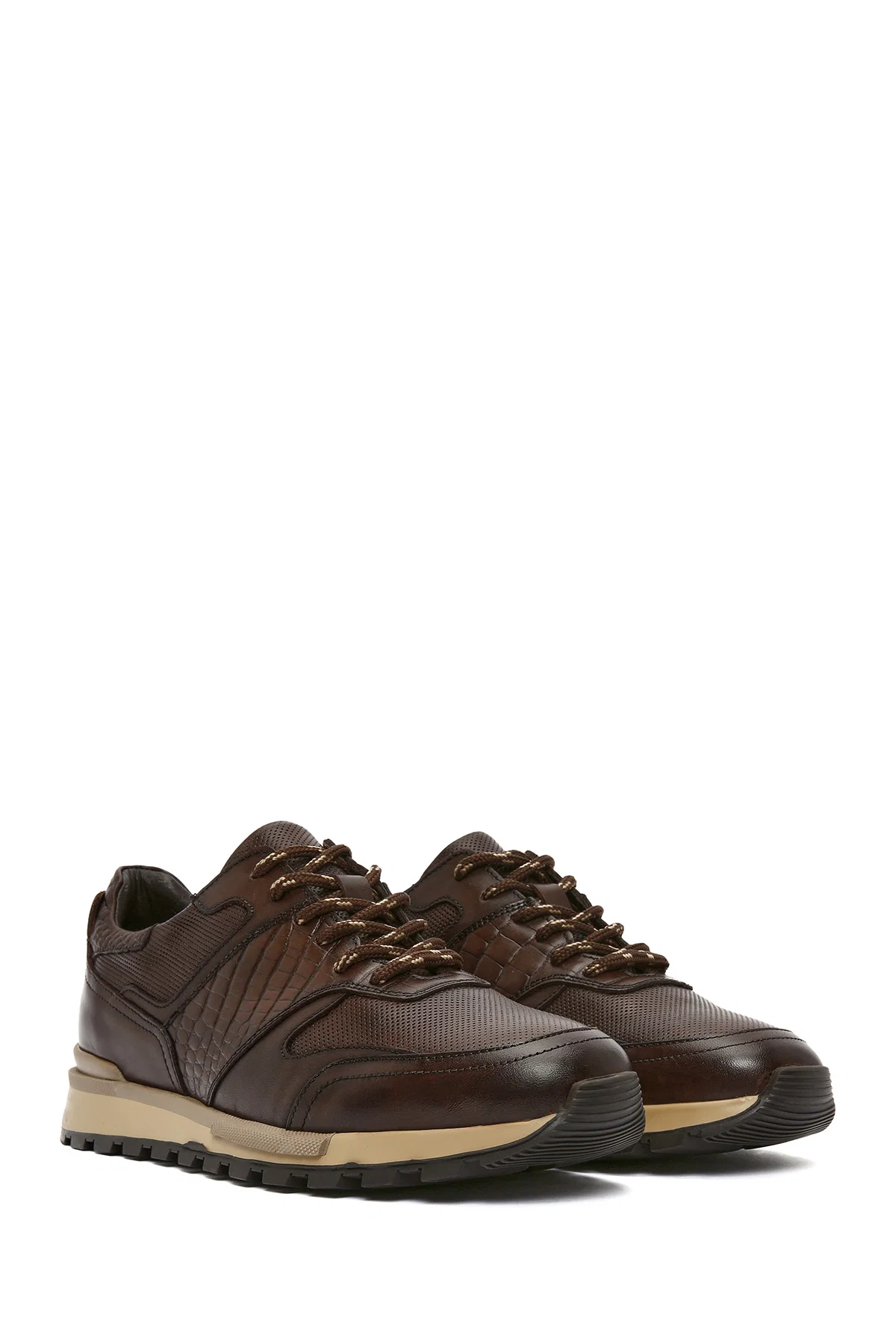 Erkek Kahverengi Bağcıklı Deri Casual Sneaker - Image 3