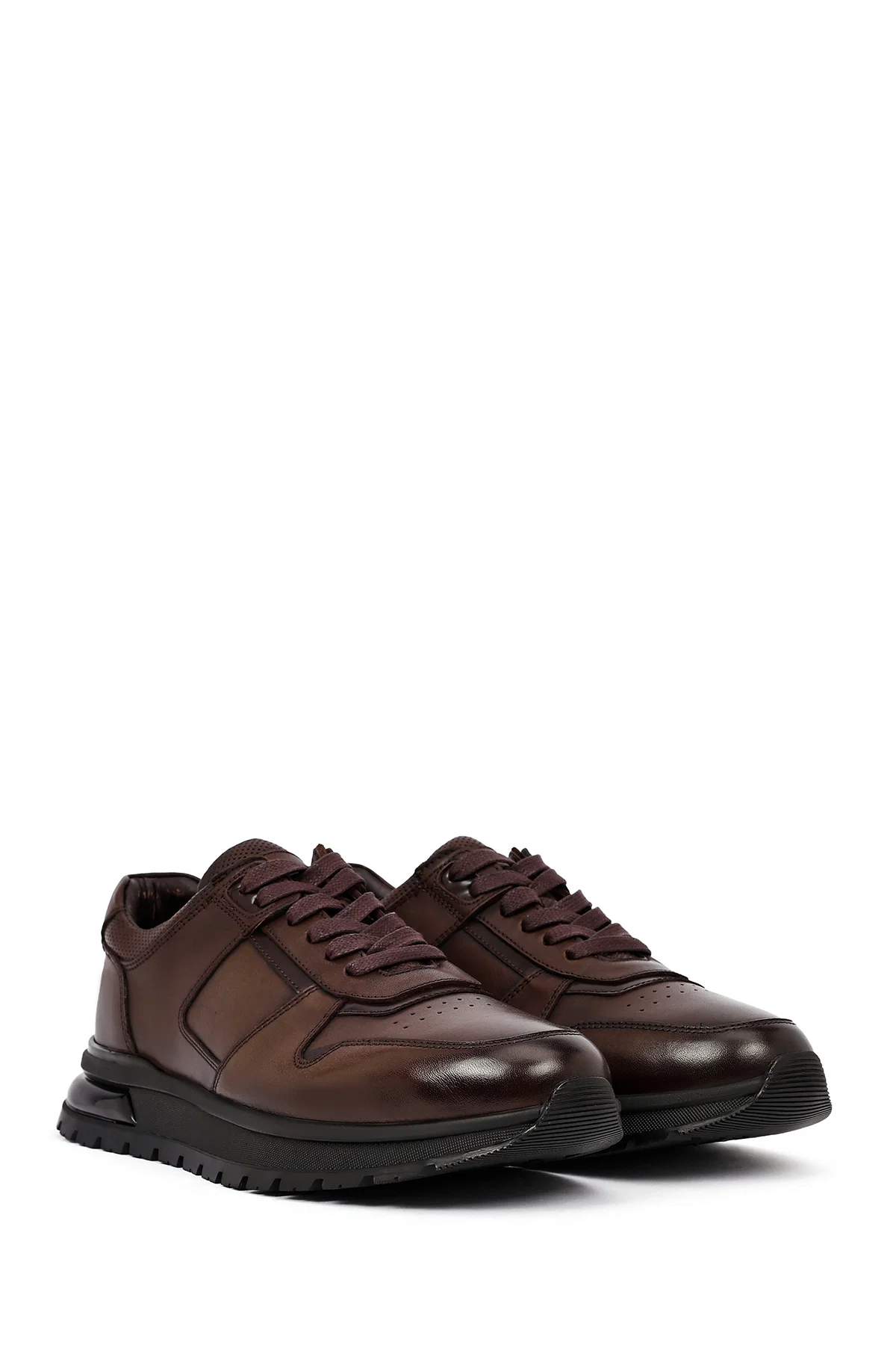 Erkek Kahverengi Bağcıklı Deri Casual Sneaker - Image 3