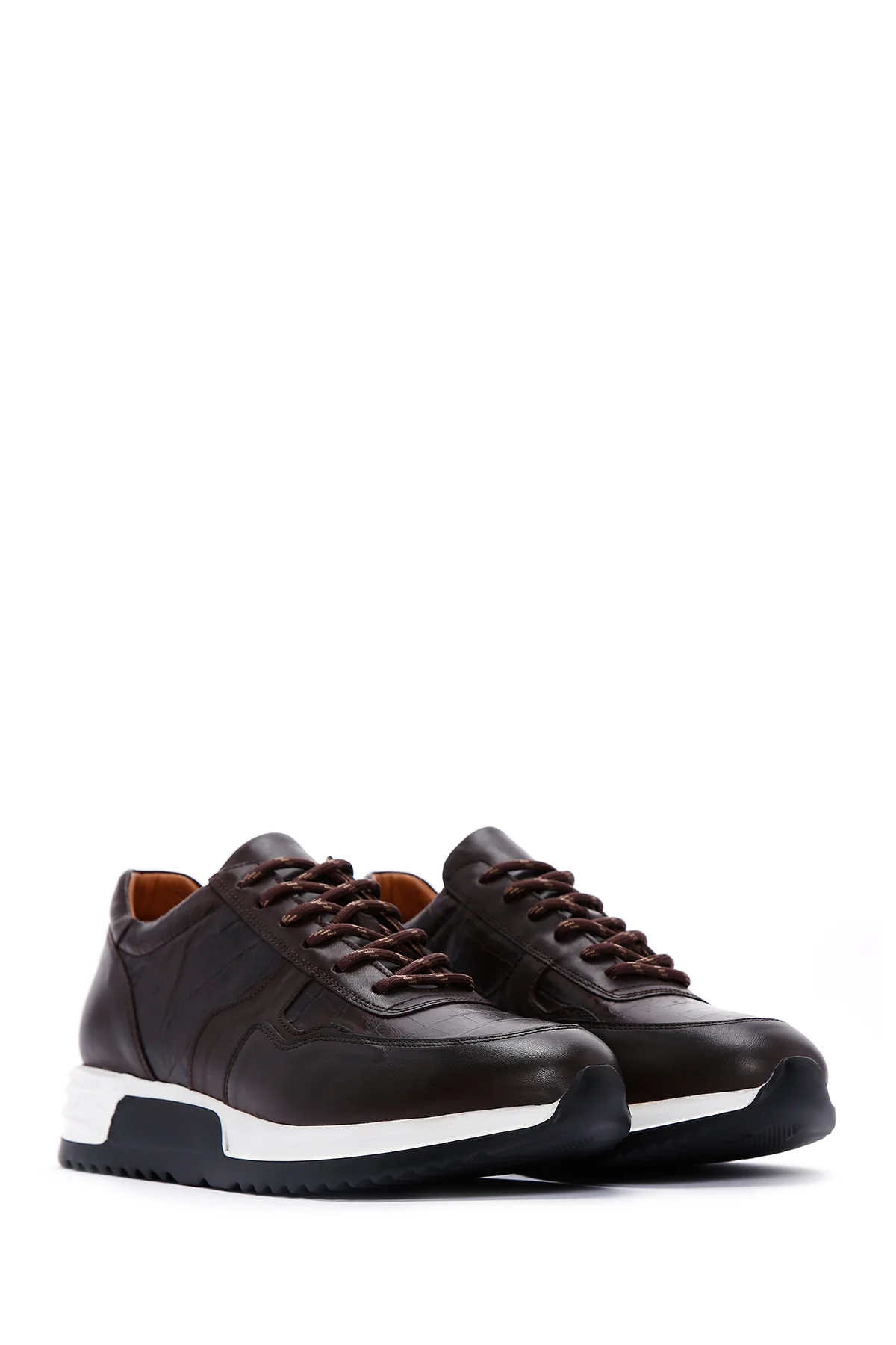 Erkek Kahverengi Bağcıklı Deri Sneaker - Image 3