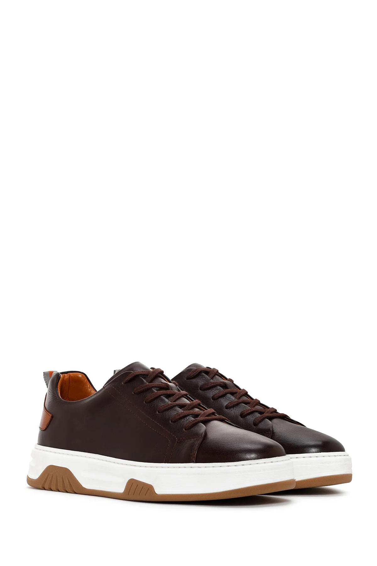 Erkek Kahverengi Bağcıklı Kalın Tabanlı Deri Sneaker - Image 3