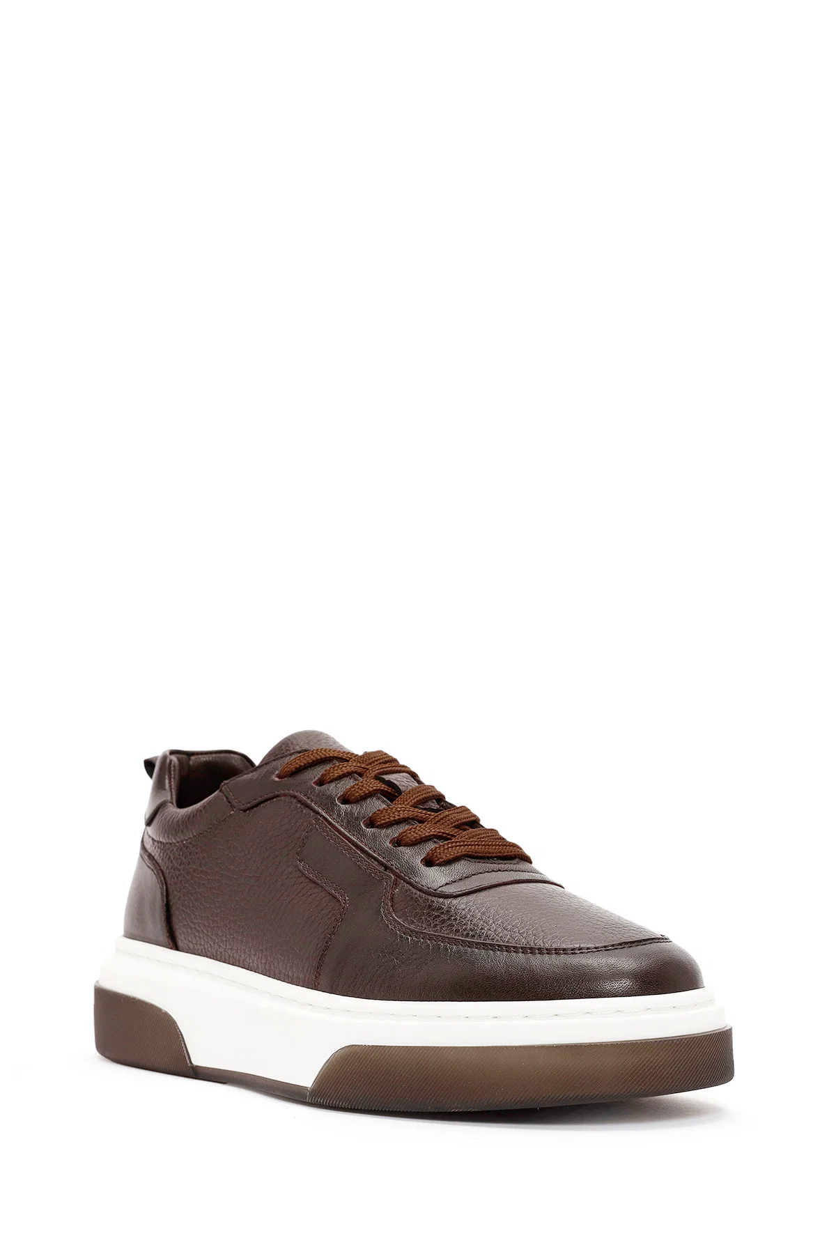 Erkek Kahverengi Bağcıklı Kalın Tabanlı Deri Sneaker - Image 6