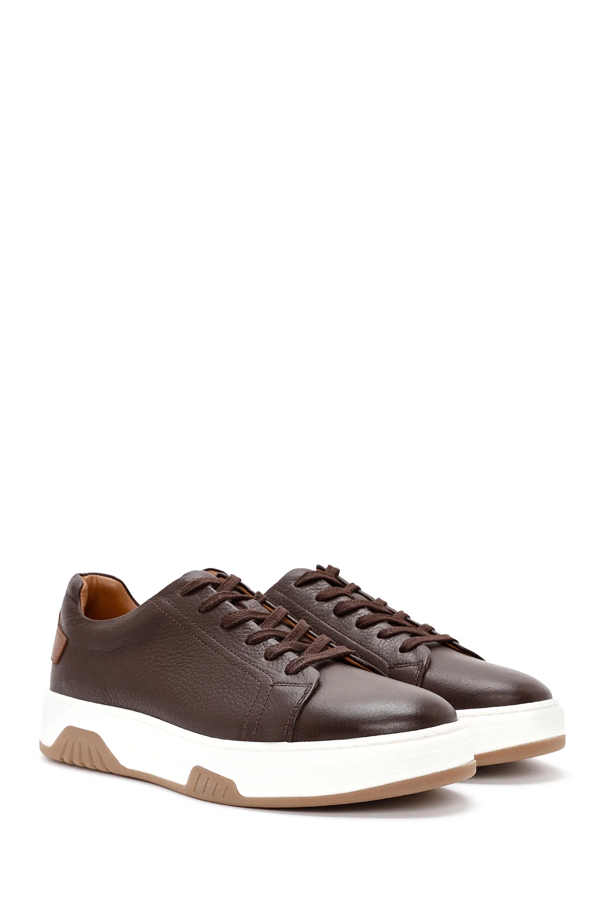 Erkek Kahverengi Bağcıklı Kalın Tabanlı Deri Sneaker - Image 3