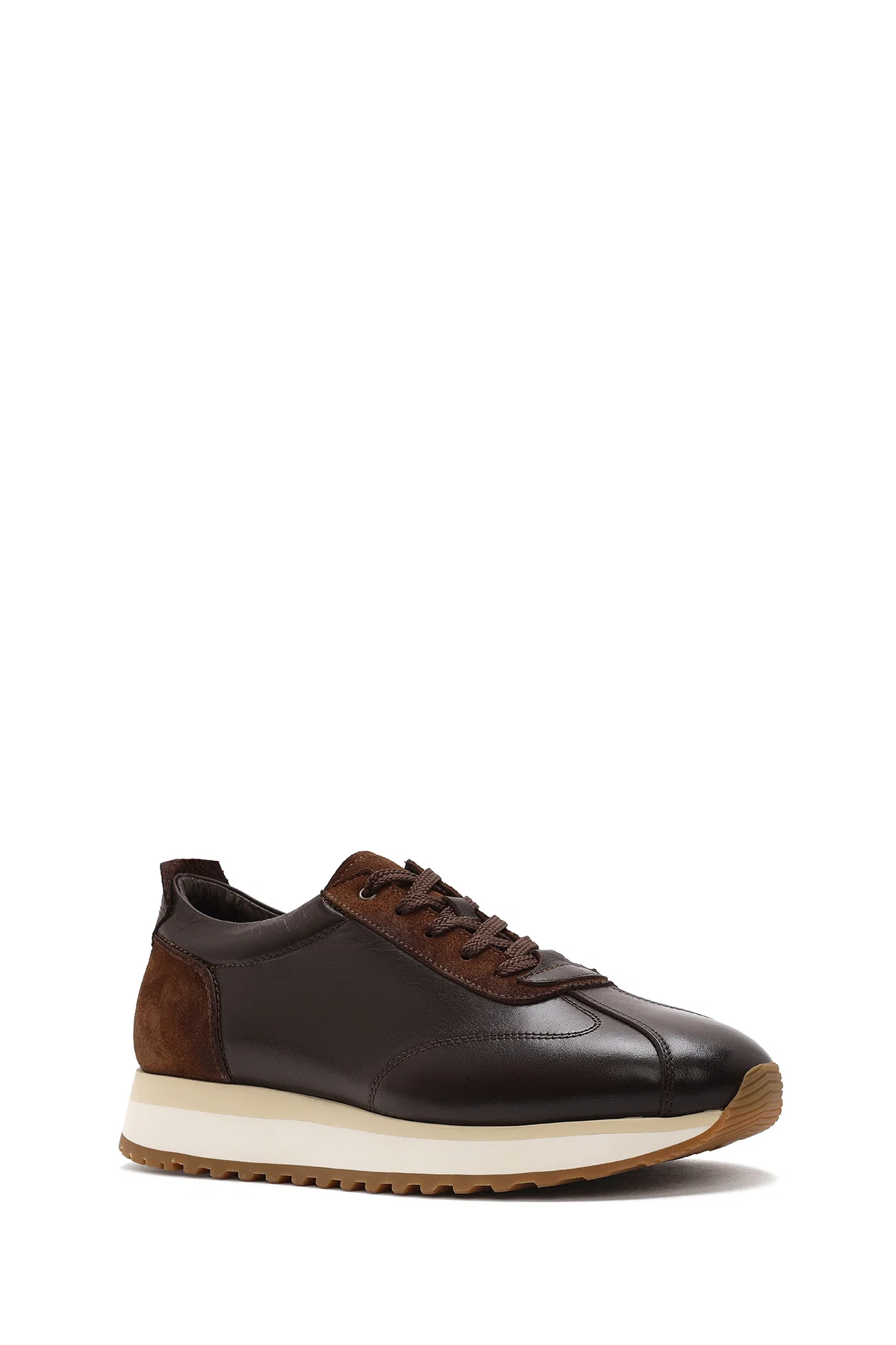 Erkek Kahverengi Bağcıklı Kalın Tabanlı Deri Sneaker - Image 6