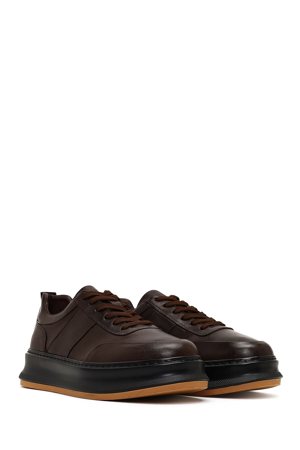 Erkek Kahverengi Bağcıklı Kalın Tabanlı Deri Sneaker - Image 3
