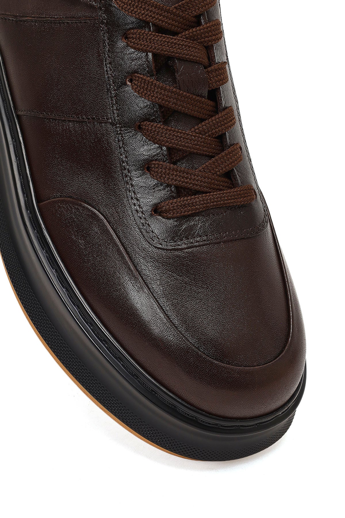 Erkek Kahverengi Bağcıklı Kalın Tabanlı Deri Sneaker - Image 9