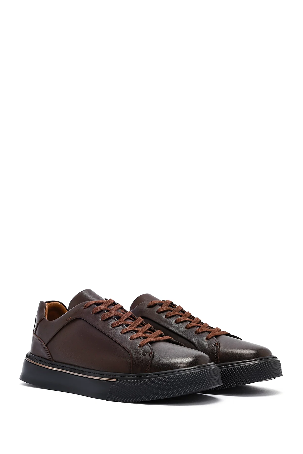 Erkek Kahverengi Bağcıklı Kalın Tabanlı Deri Sneaker - Image 3