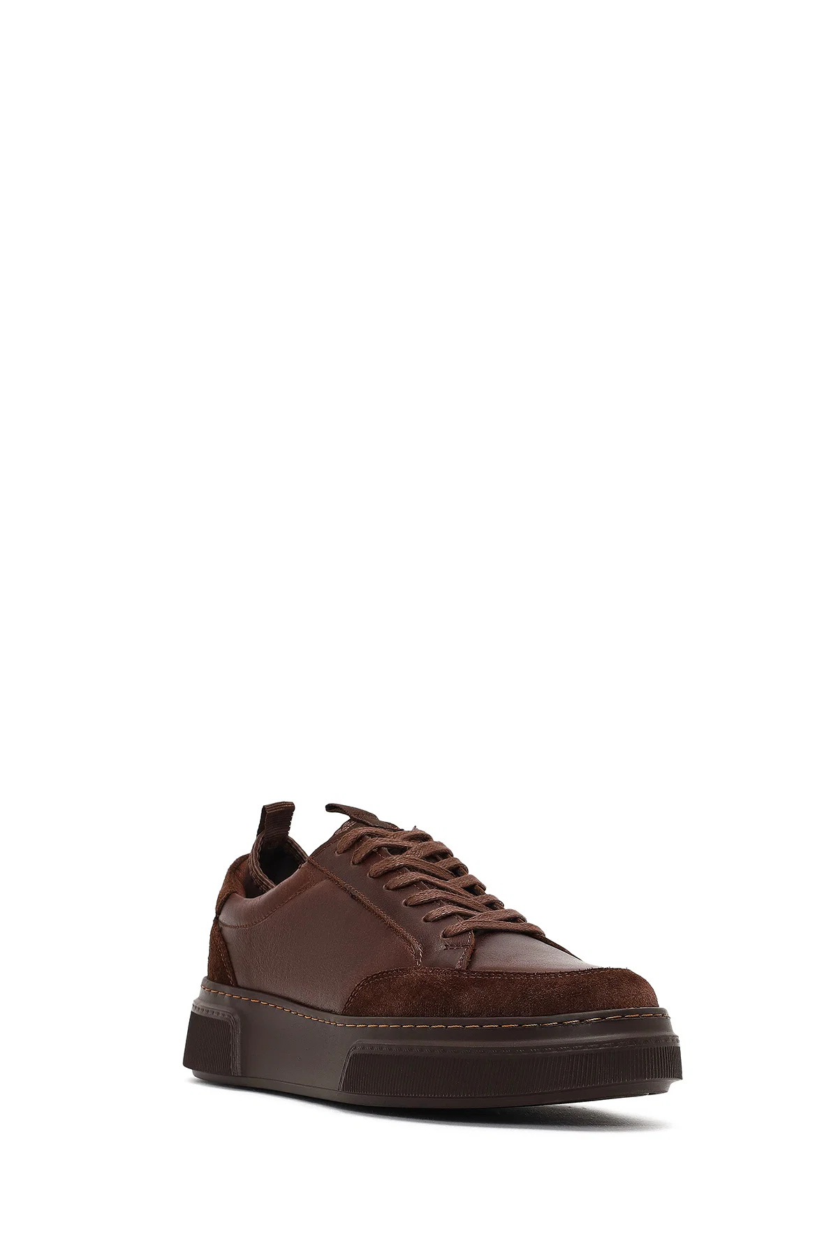 Erkek Kahverengi Bağcıklı Kalın Tabanlı Deri Sneaker - Image 6