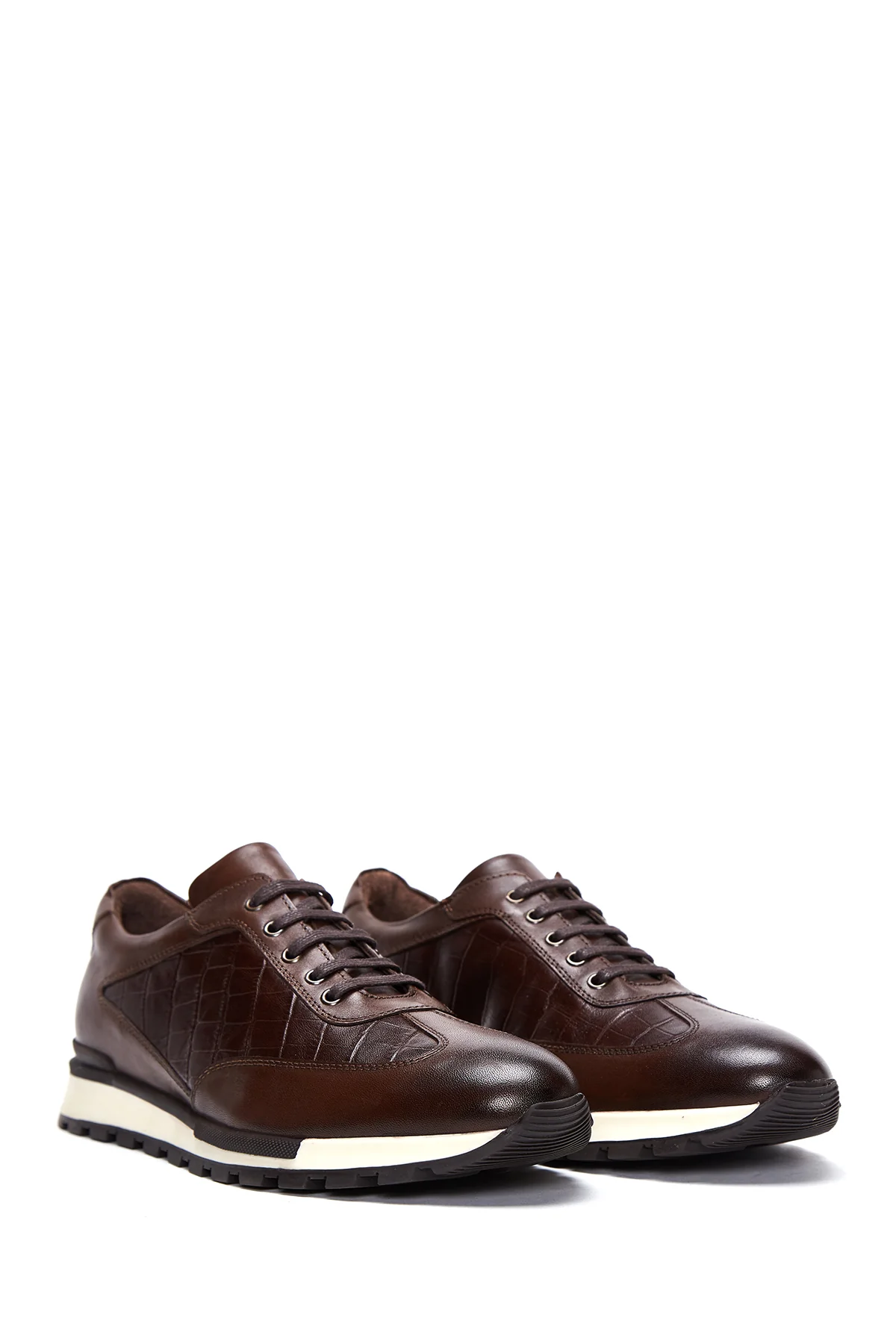 Erkek Kahverengi Deri Desenli Sneaker - Image 3