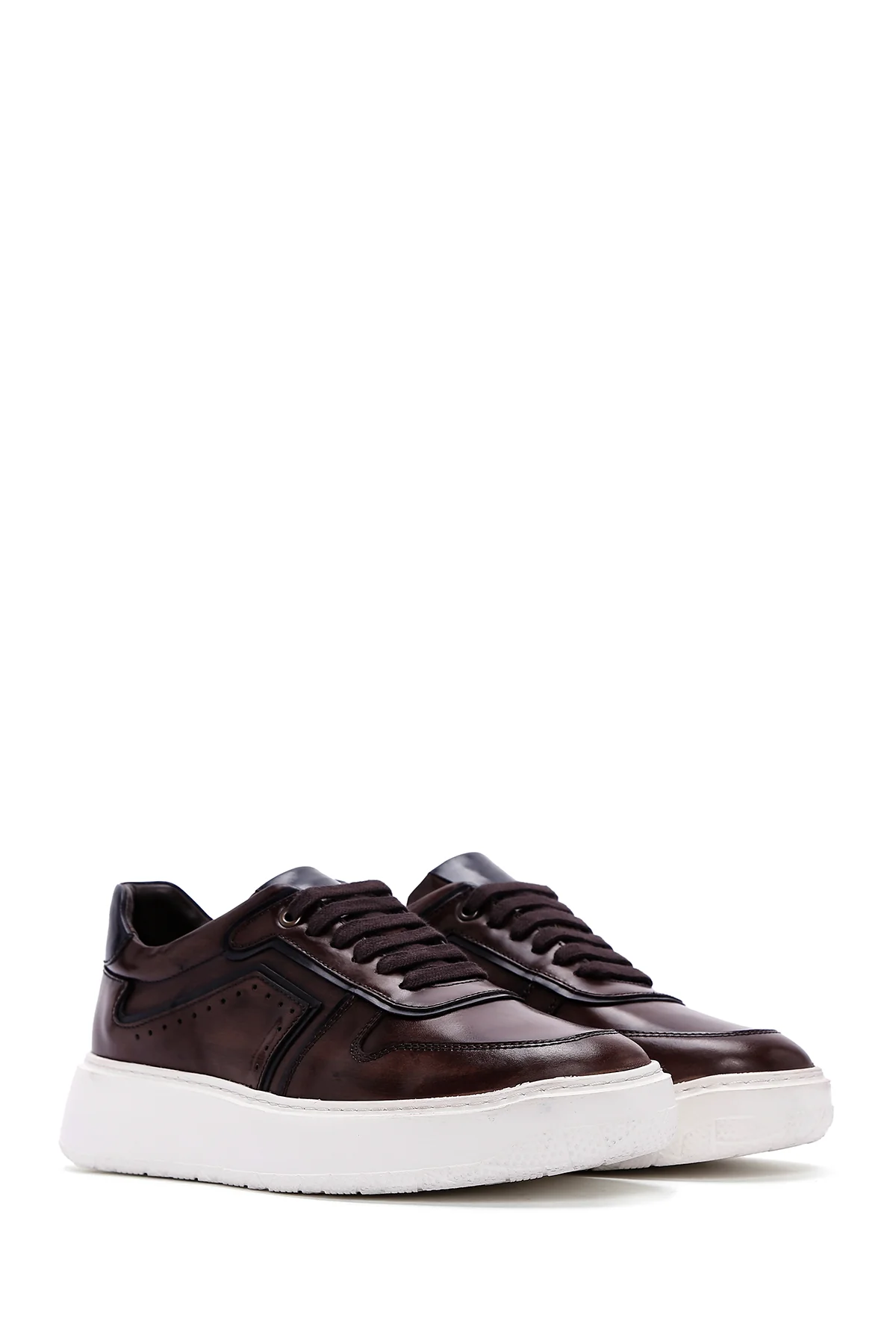 Erkek Kahverengi Deri Kalın Tabanlı Sneaker - Image 3