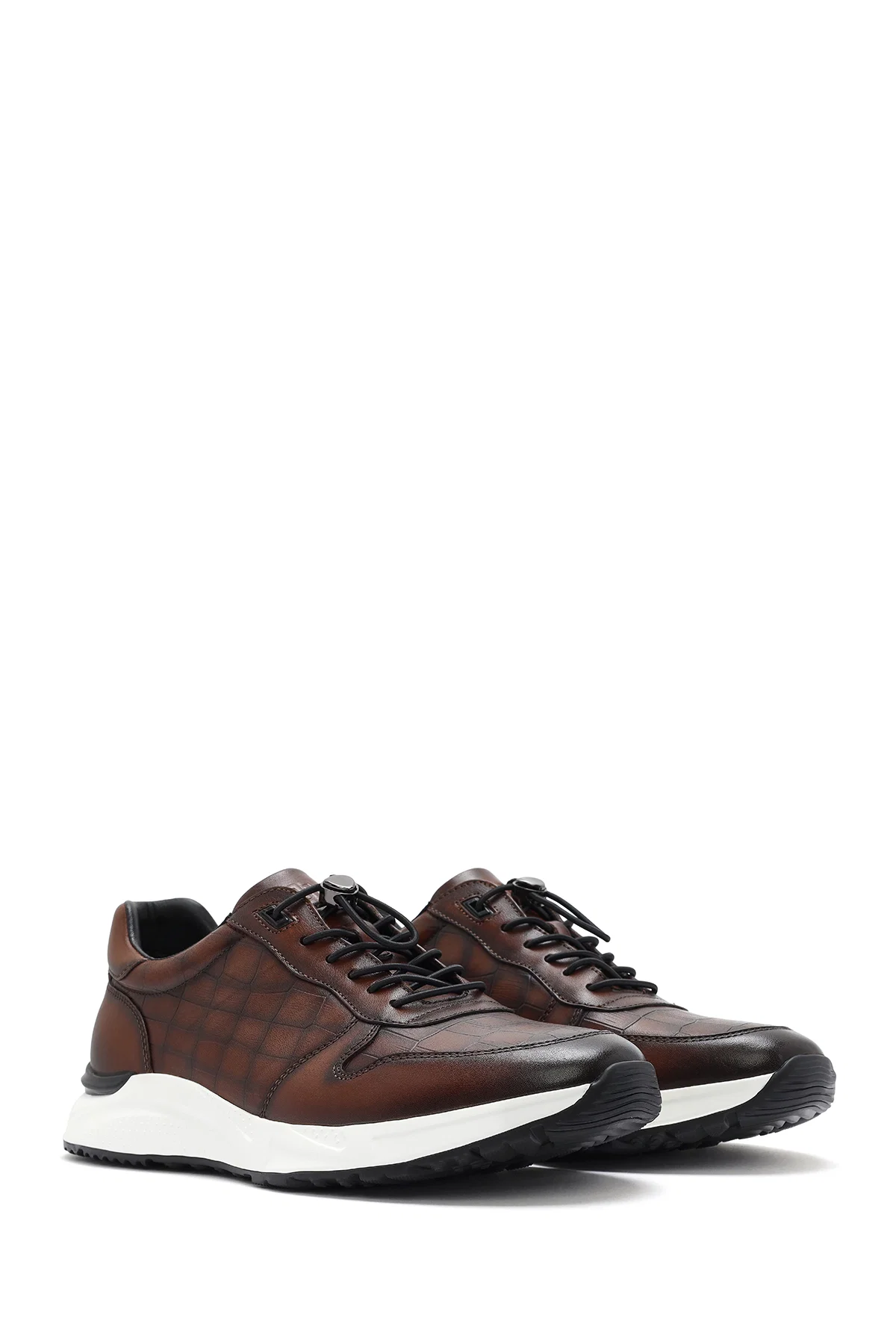 Erkek Kahverengi Kroko Desenli Bağcıklı Deri Sneaker - Image 3