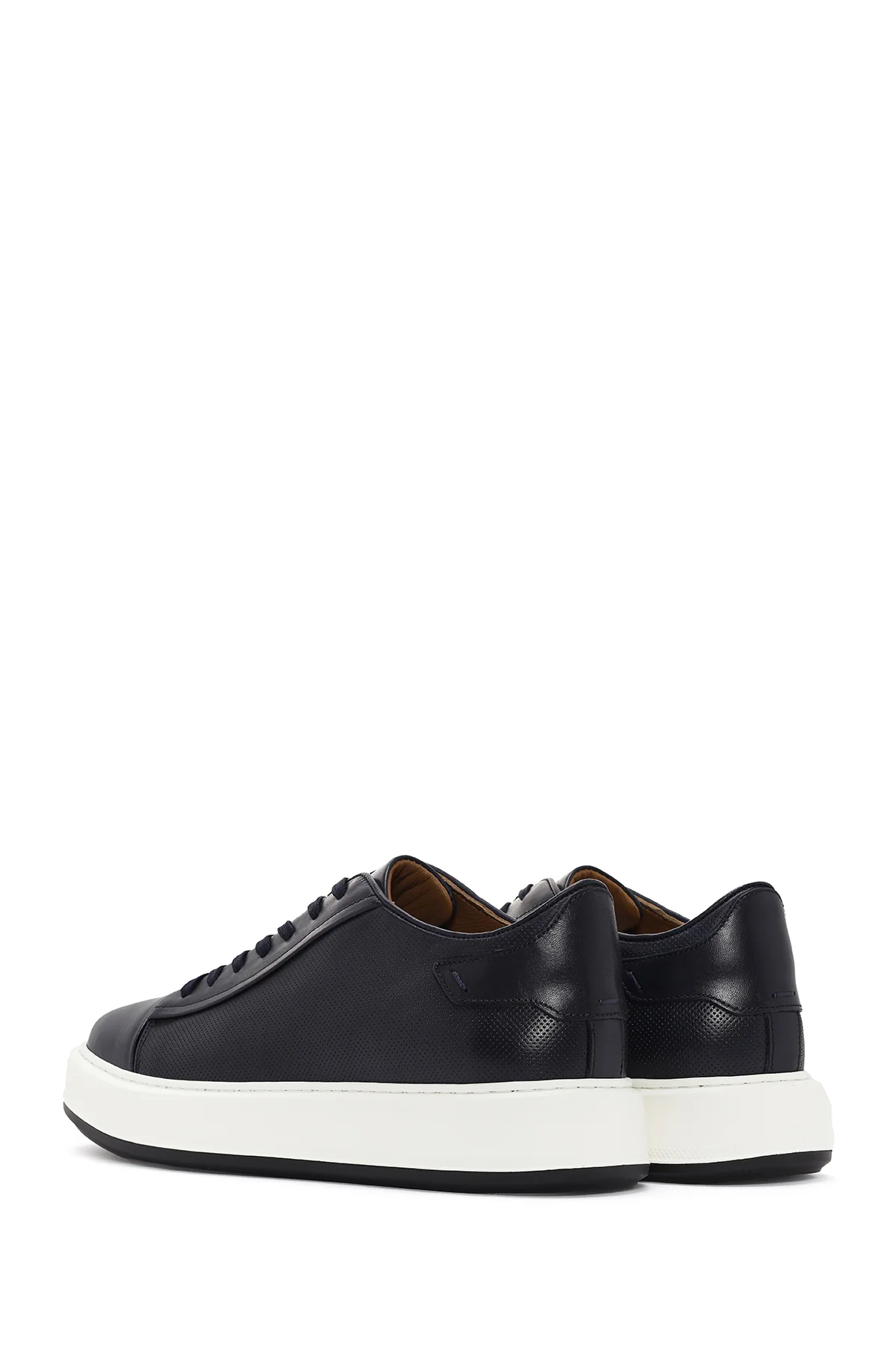 Erkek Lacivert Bağcıklı Kalın Tabanlı Deri Sneaker - Image 4