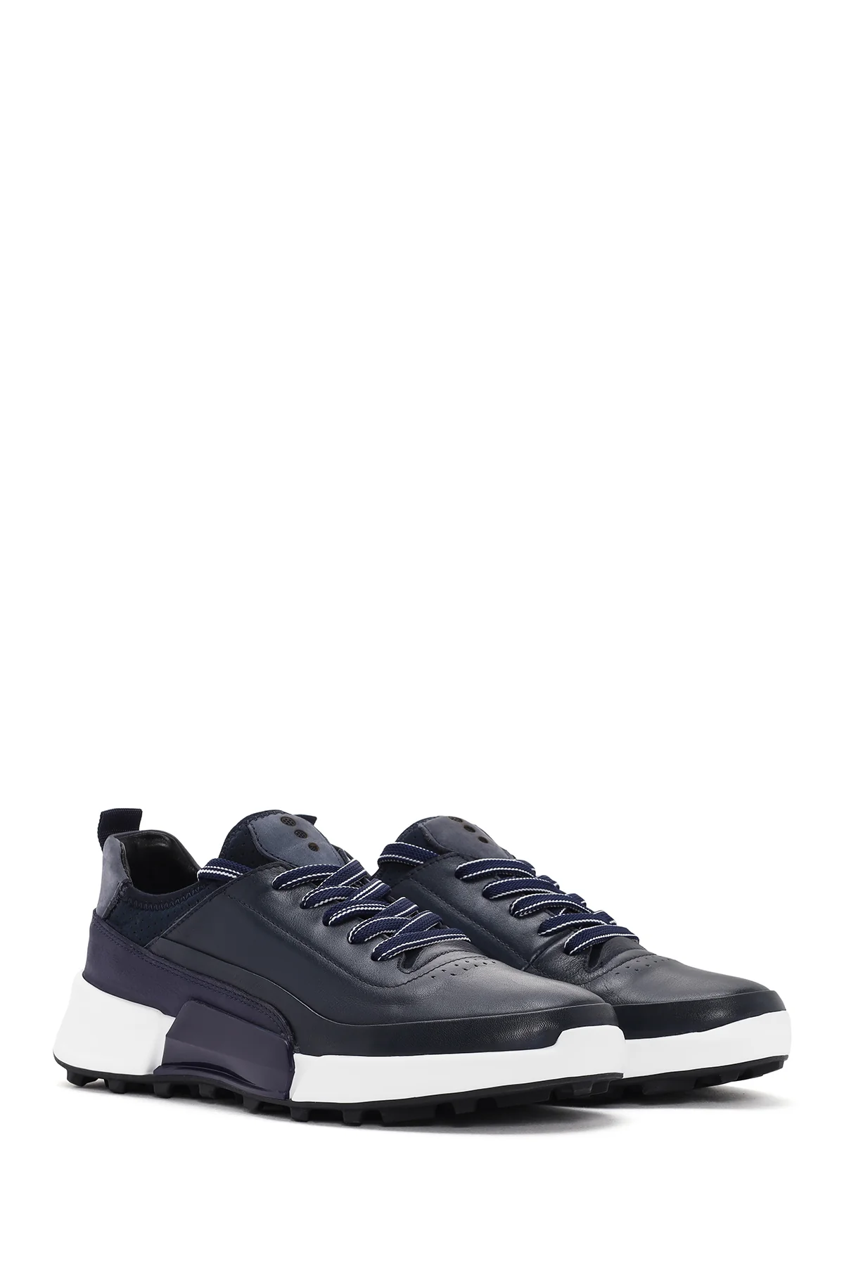 Erkek Lacivert Bağcıklı Kalın Tabanlı Deri Sneaker - Image 3