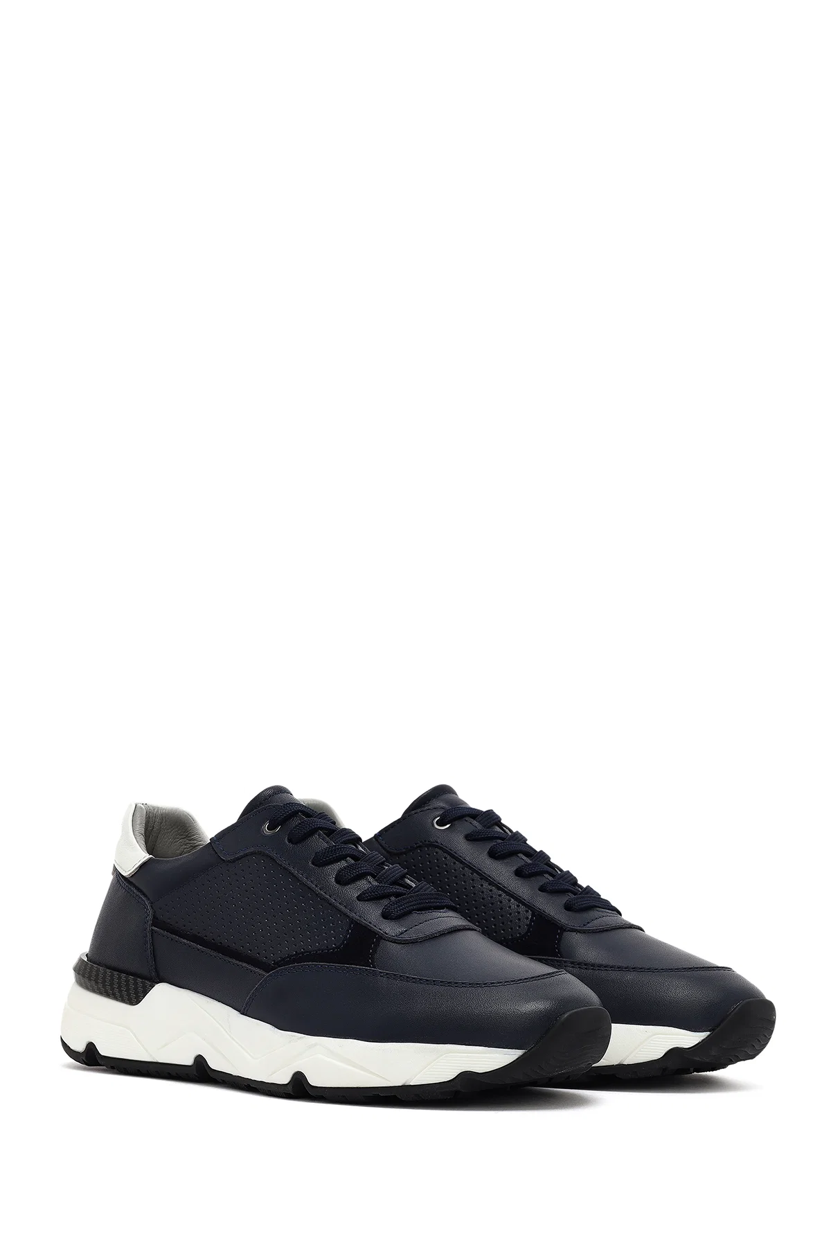 Erkek Lacivert Bağcıklı Kalın Tabanlı Deri Sneaker - Image 3