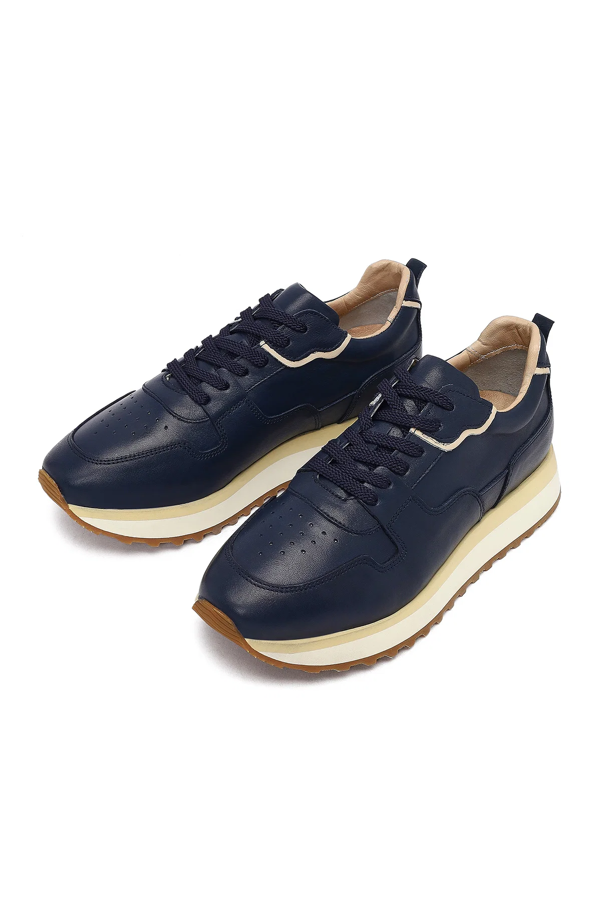 Erkek Lacivert Bağcıklı Kalın Tabanlı Deri Sneaker - Image 10