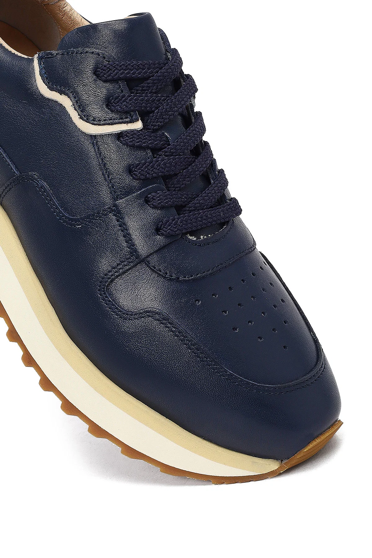 Erkek Lacivert Bağcıklı Kalın Tabanlı Deri Sneaker - Image 9