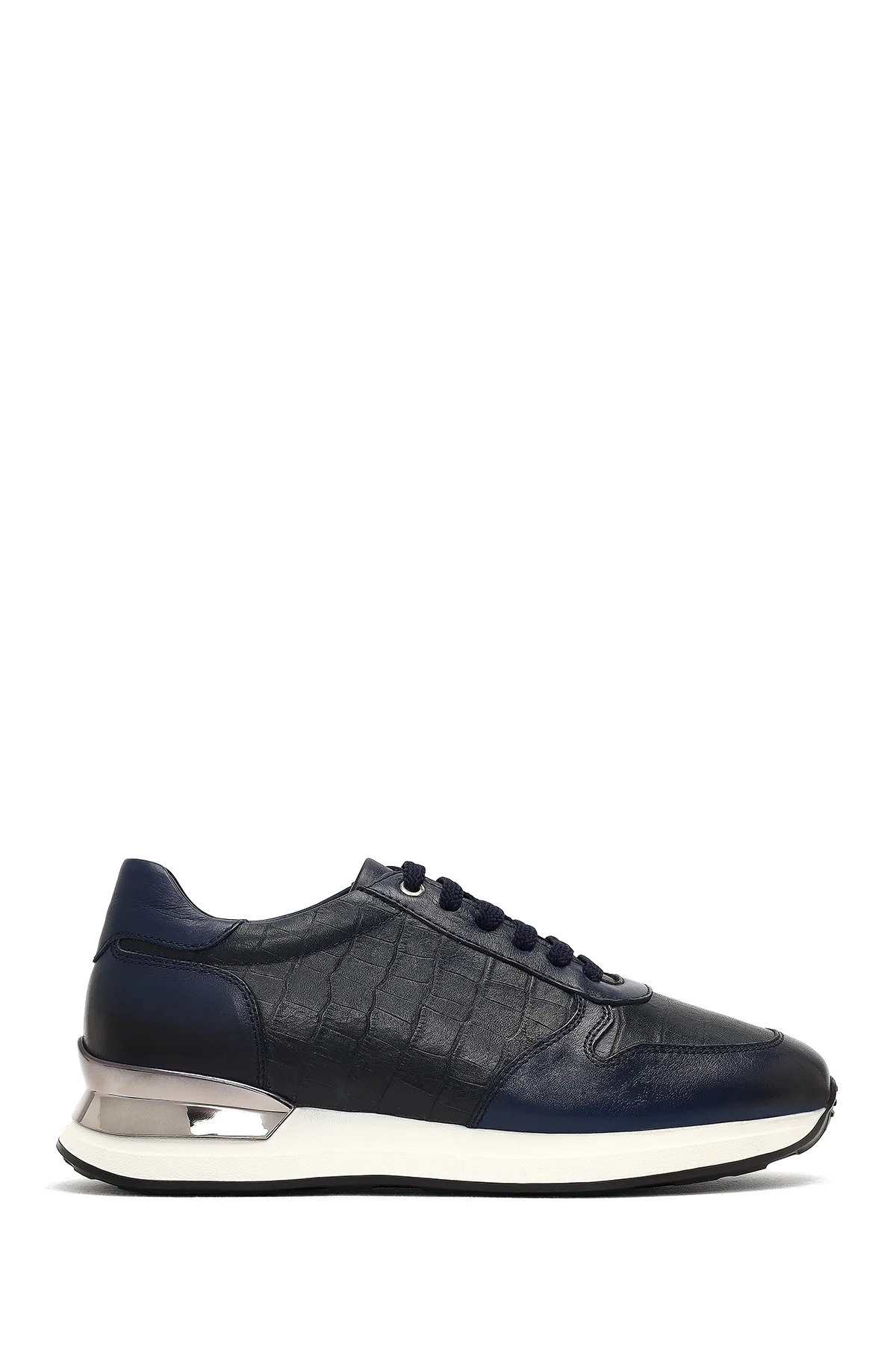 Erkek Lacivert Bağcıklı Kalın Tabanlı Deri Sneaker