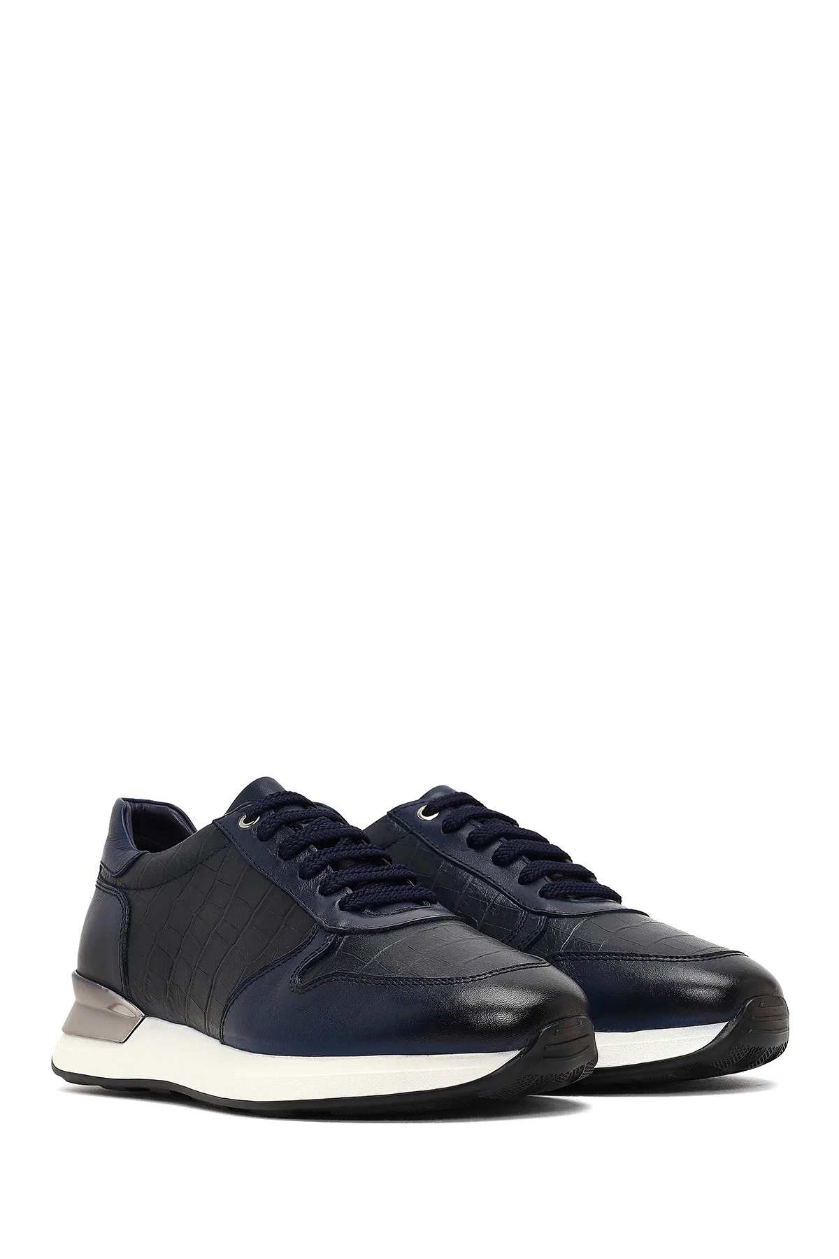 Erkek Lacivert Bağcıklı Kalın Tabanlı Deri Sneaker - Image 3